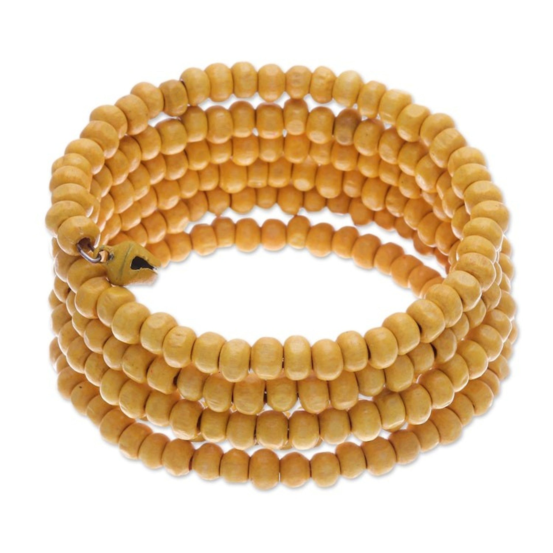 Yellow Beaded Wood Wrap Bracelet with Bells 1 In 'Sunshine Spin'