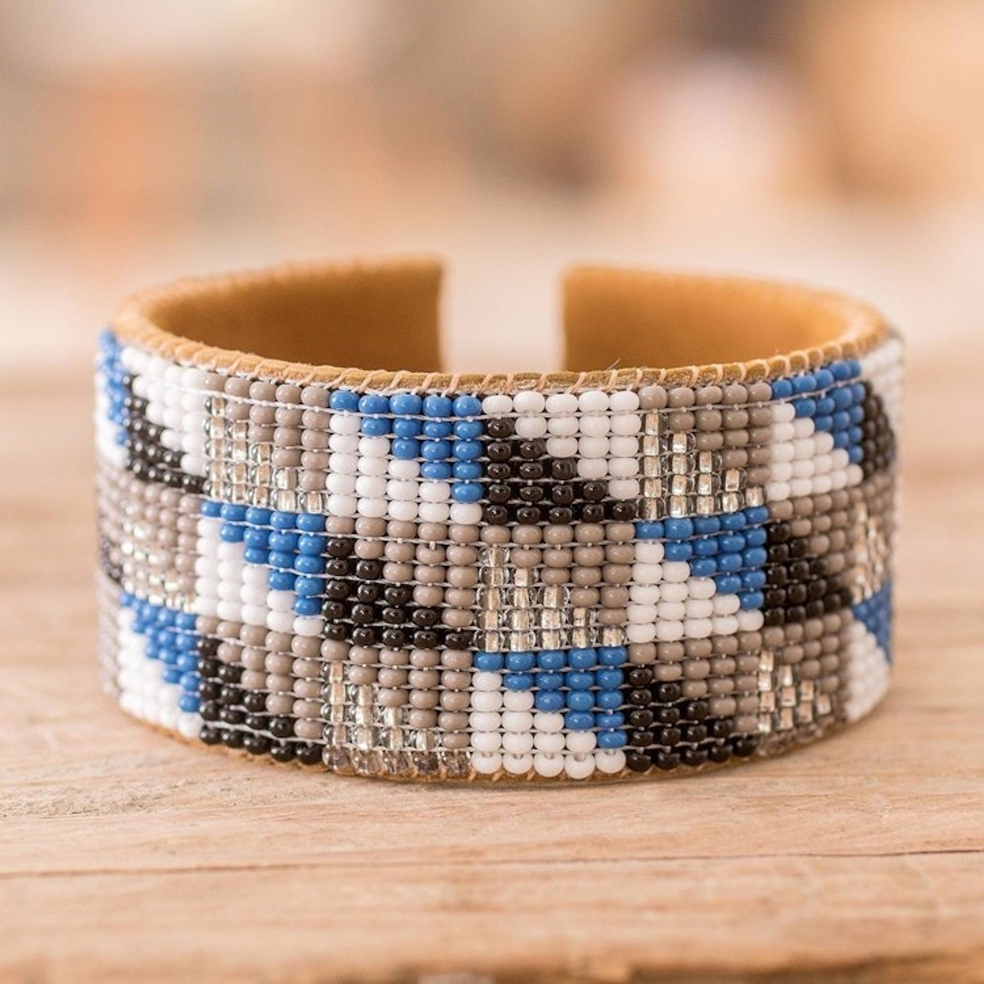 Modern Geometric Leather-Accented Glass Beaded Cuff Bracelet 'Harmony Shapes'