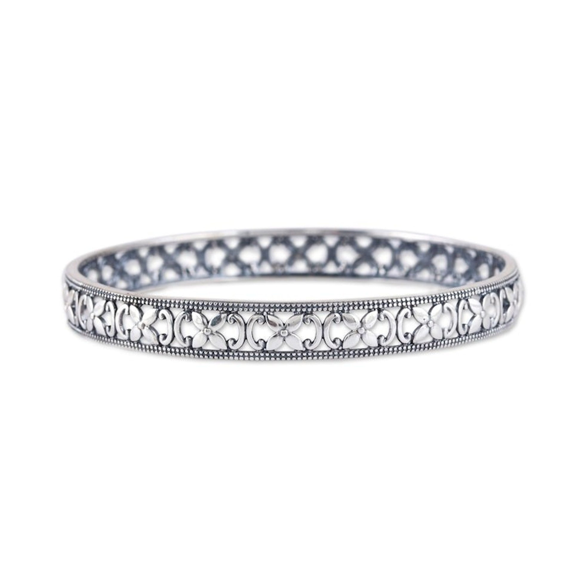 Polished Flower-Themed Sterling Silver Bangle Bracelet 'Spring Beauty'