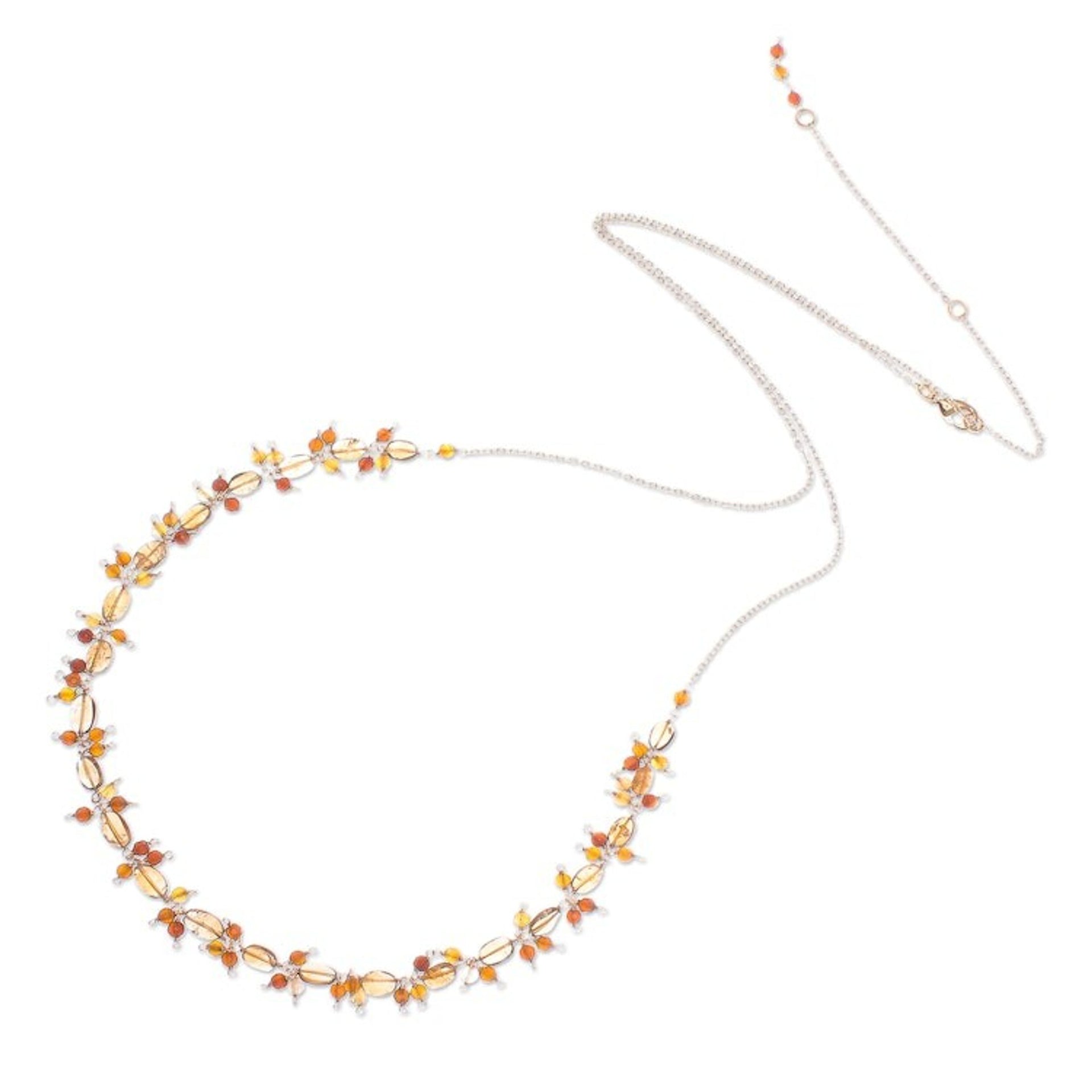 Gold Plated Necklace with Quartz and Citrine Beads 'Sunset Mood in Orange'