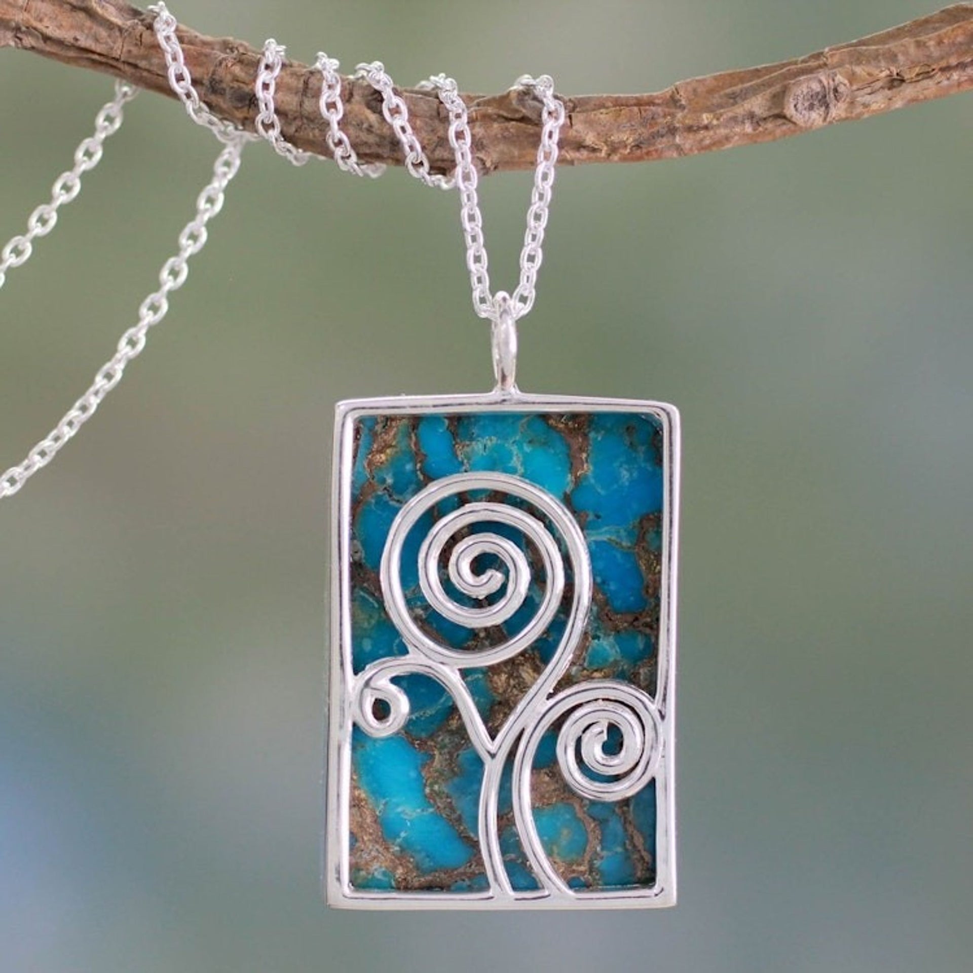 Silver and Composite Turquoise Necklace India Modern Jewelry 'Happy Tree'