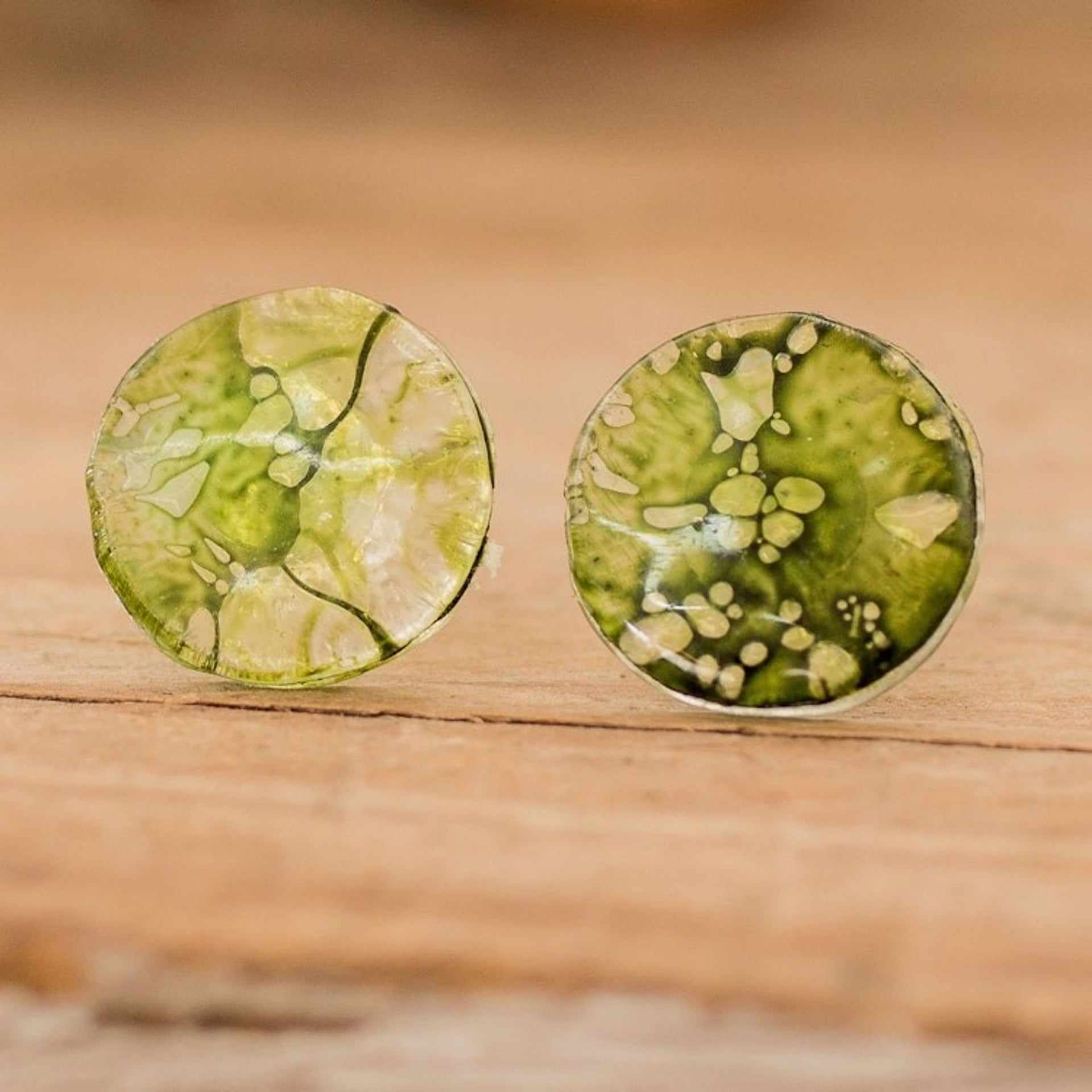 Handmade Eco-Friendly Round Green Recycled CD Stud Earrings 'Garden Translucent Illusion'