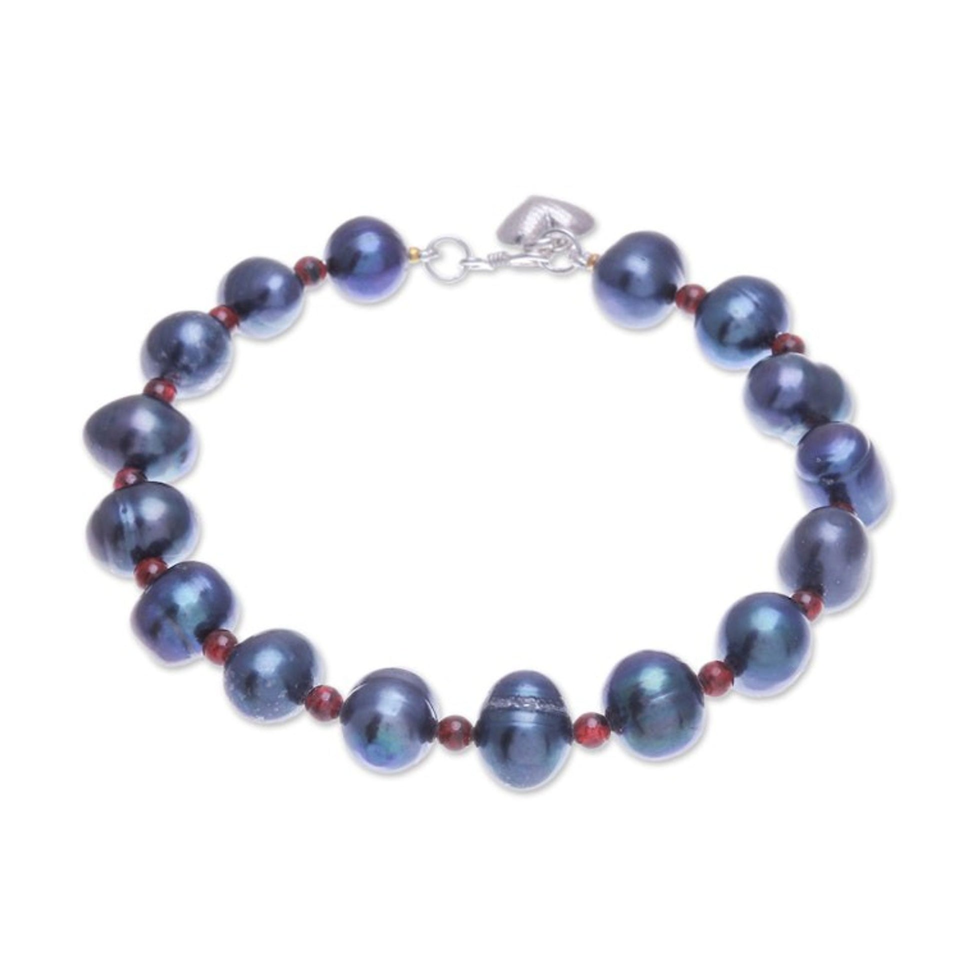 Black Cultured Pearl and Garnet Hill Tribe Starfish Bracelet 'Dark Starfish Love'