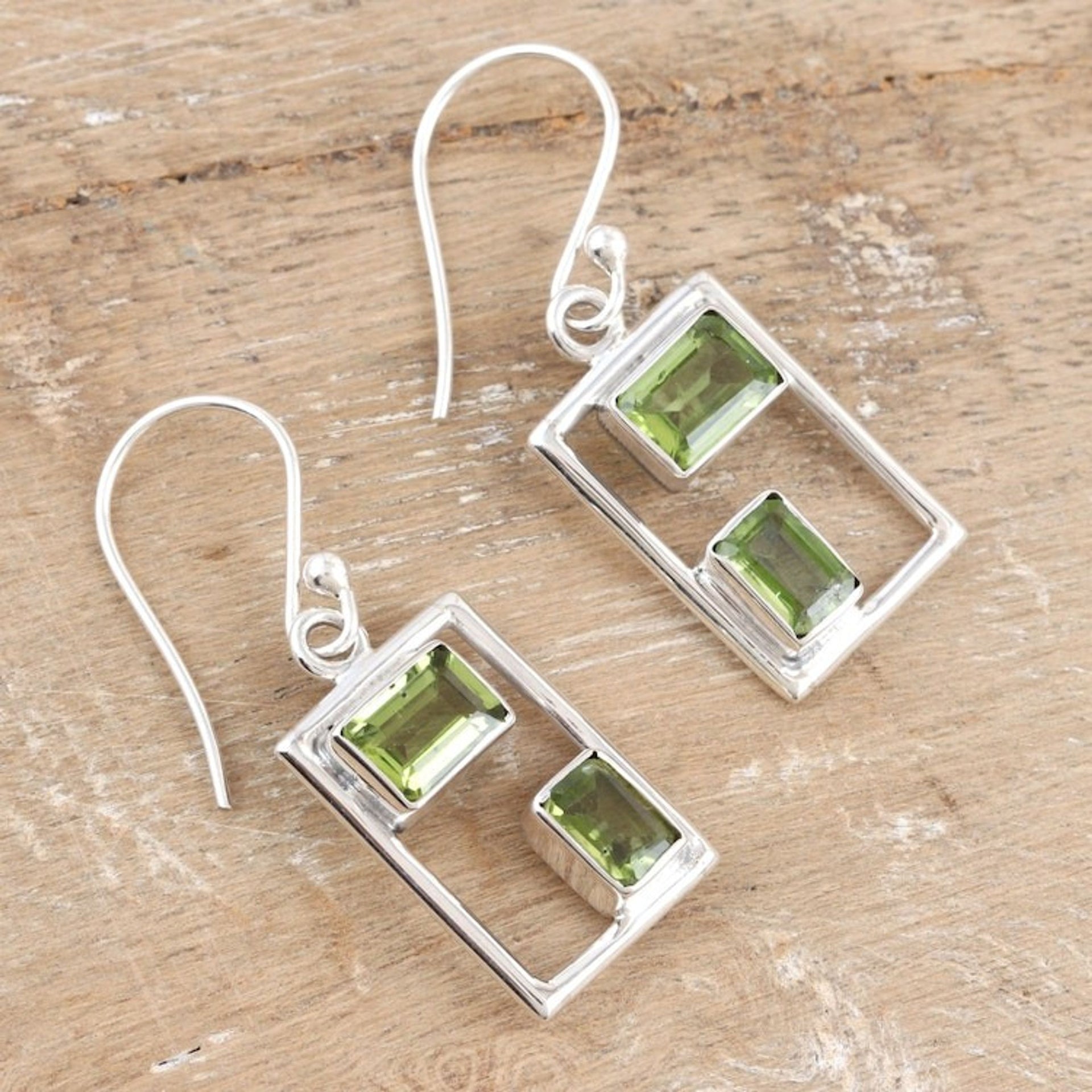 Rectangular Faceted Peridot Dangle Earrings from India 'Fortune Order'