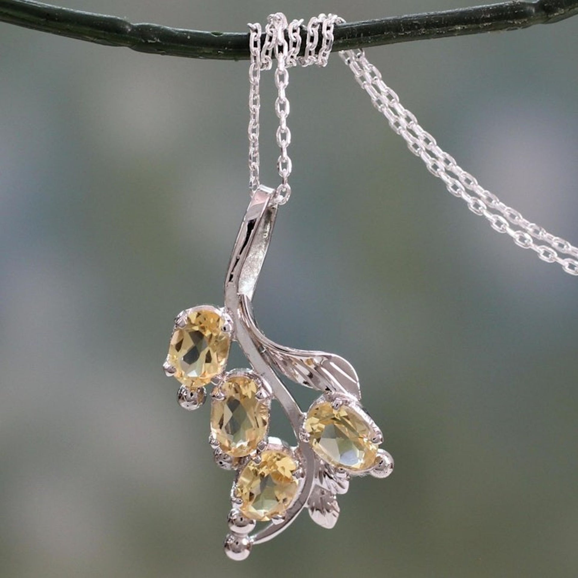 Citrine Pendant on Sterling Silver Necklace from India 'Luminous Bouquet'