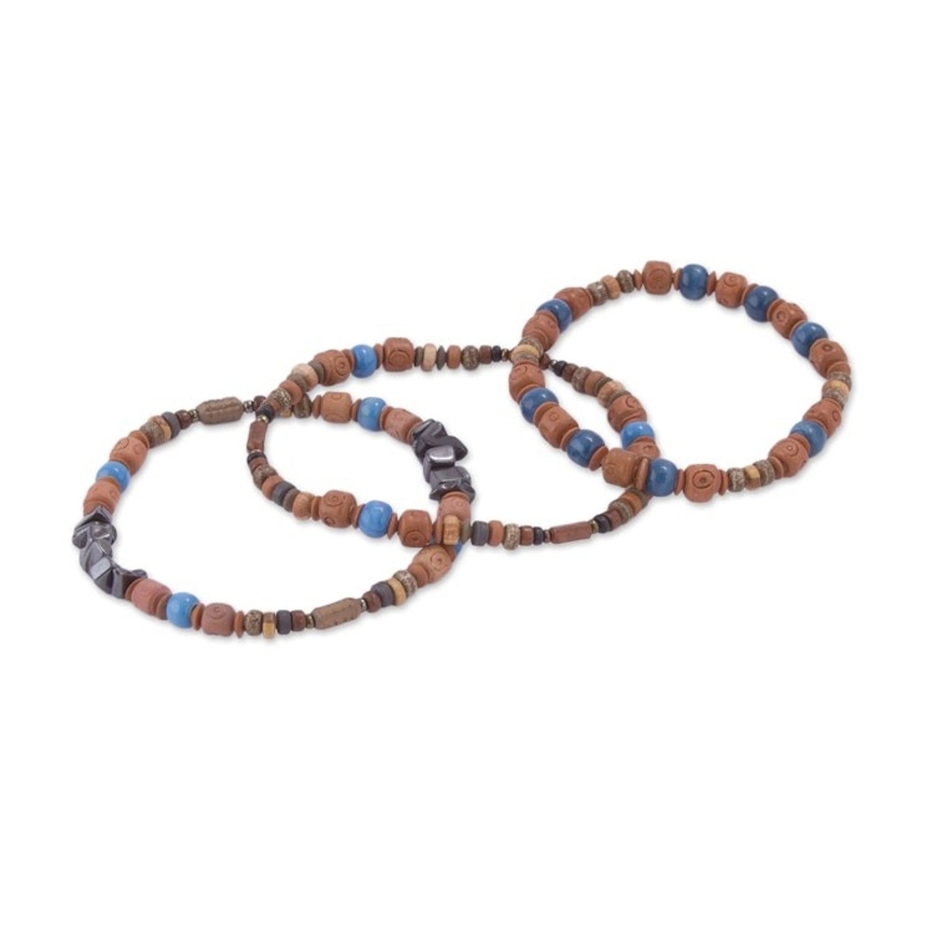 Three Hematite and Ceramic Beaded Bracelets in Earth Tones 'Andean Eyes'