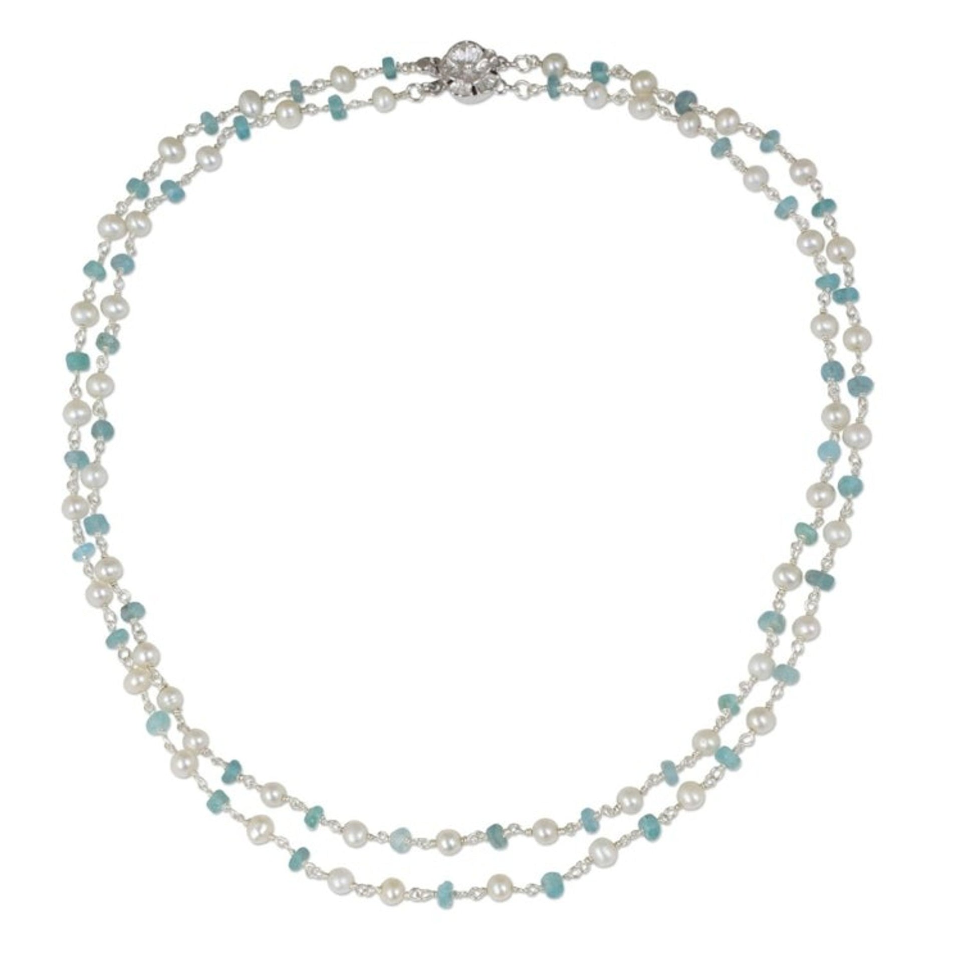 White Pearl and Apatite Strand Necklace with Flower Clasp 'Regal Water Lily'