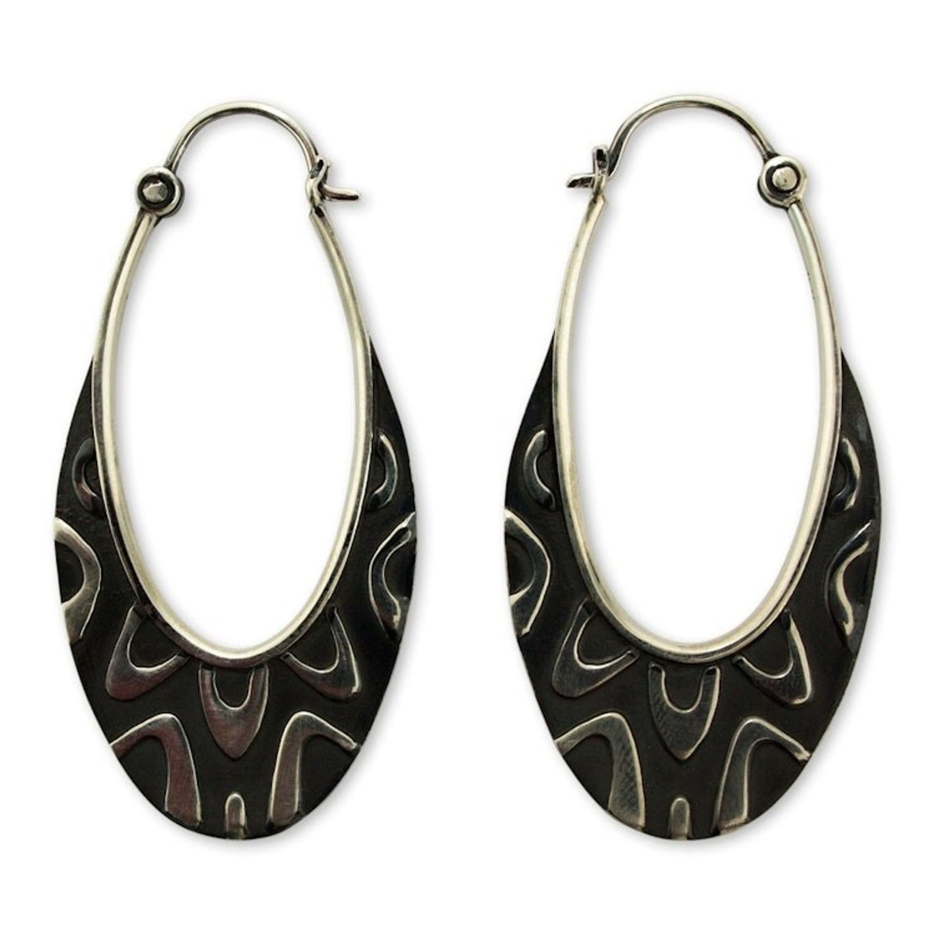 Artisan Crafted Taxco Silver Hoop Earrings from Mexico 'Antique Taxco Lace'
