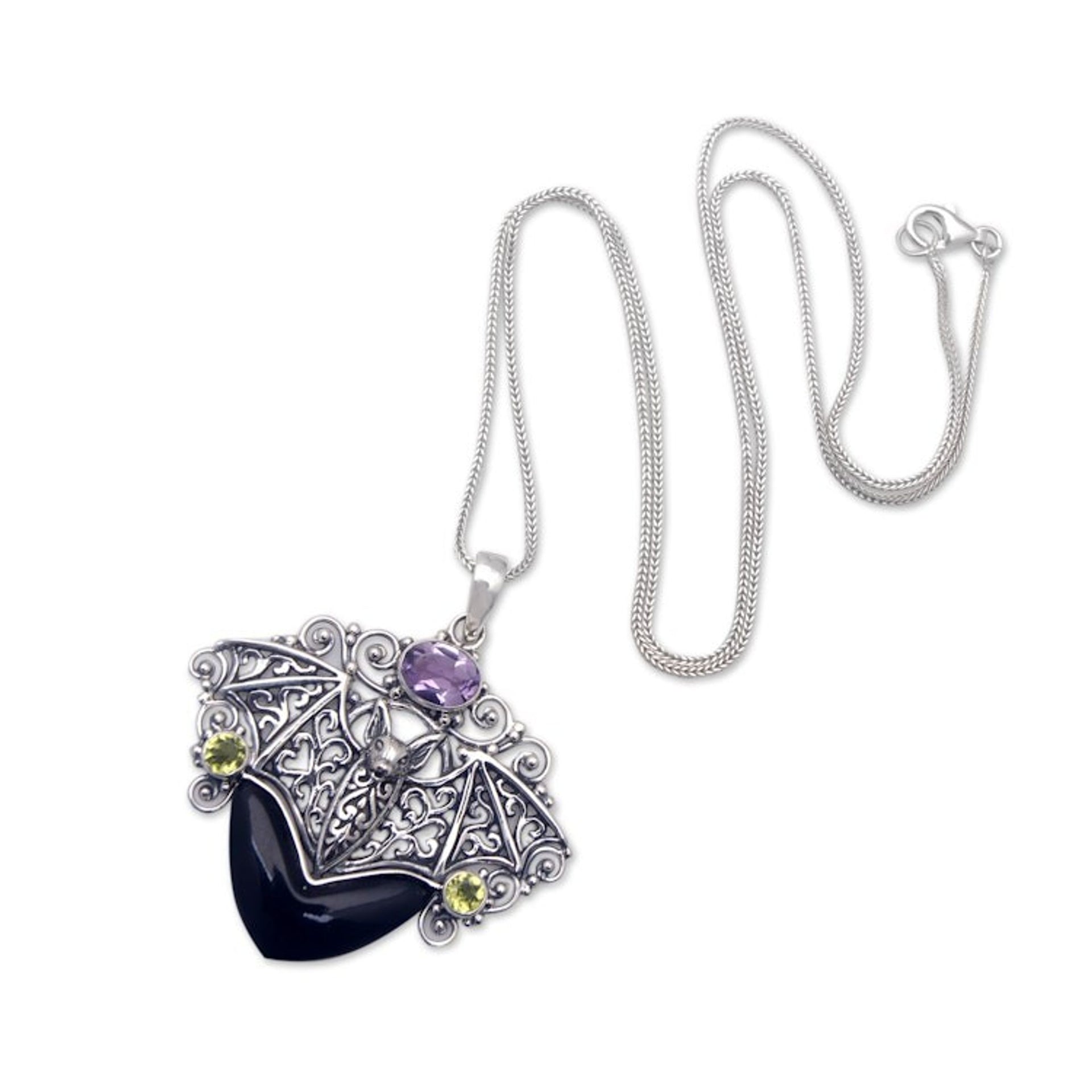 Bat-Inspired Pendant Necklace with Amethyst and Peridot Gems 'Vampire Queen'