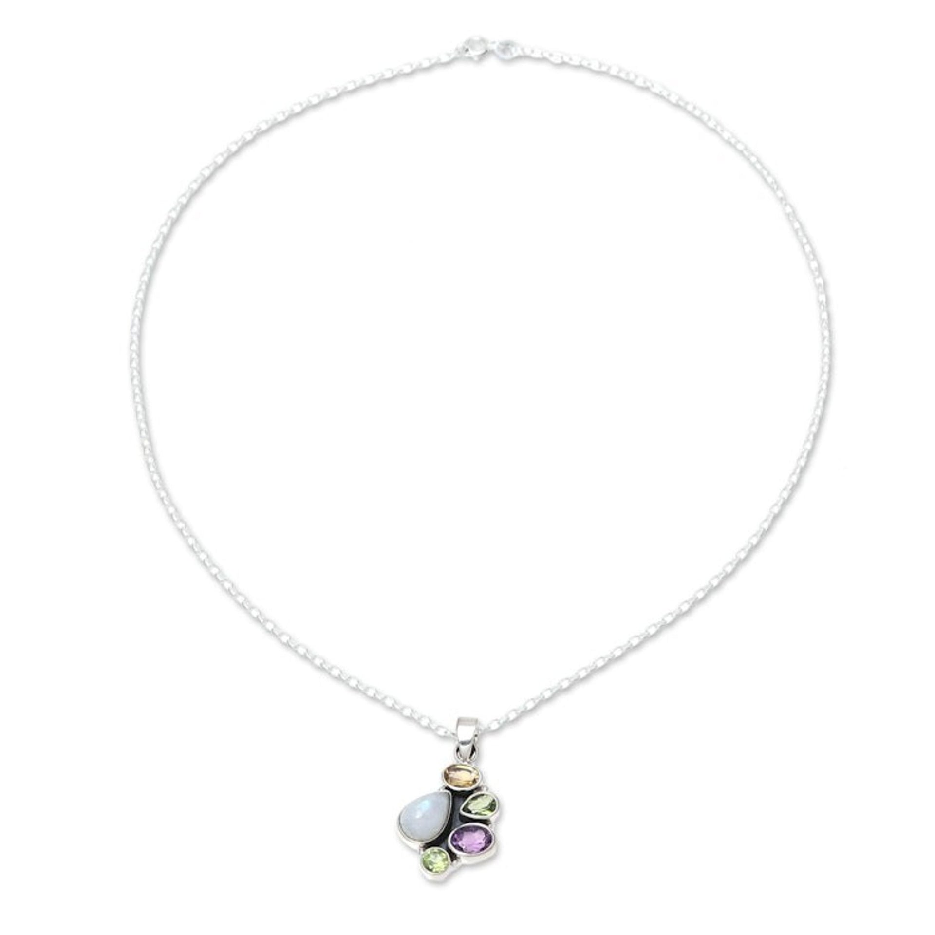 Multi-Gemstone and Sterling Silver Pendant Necklace 'Color Shower'