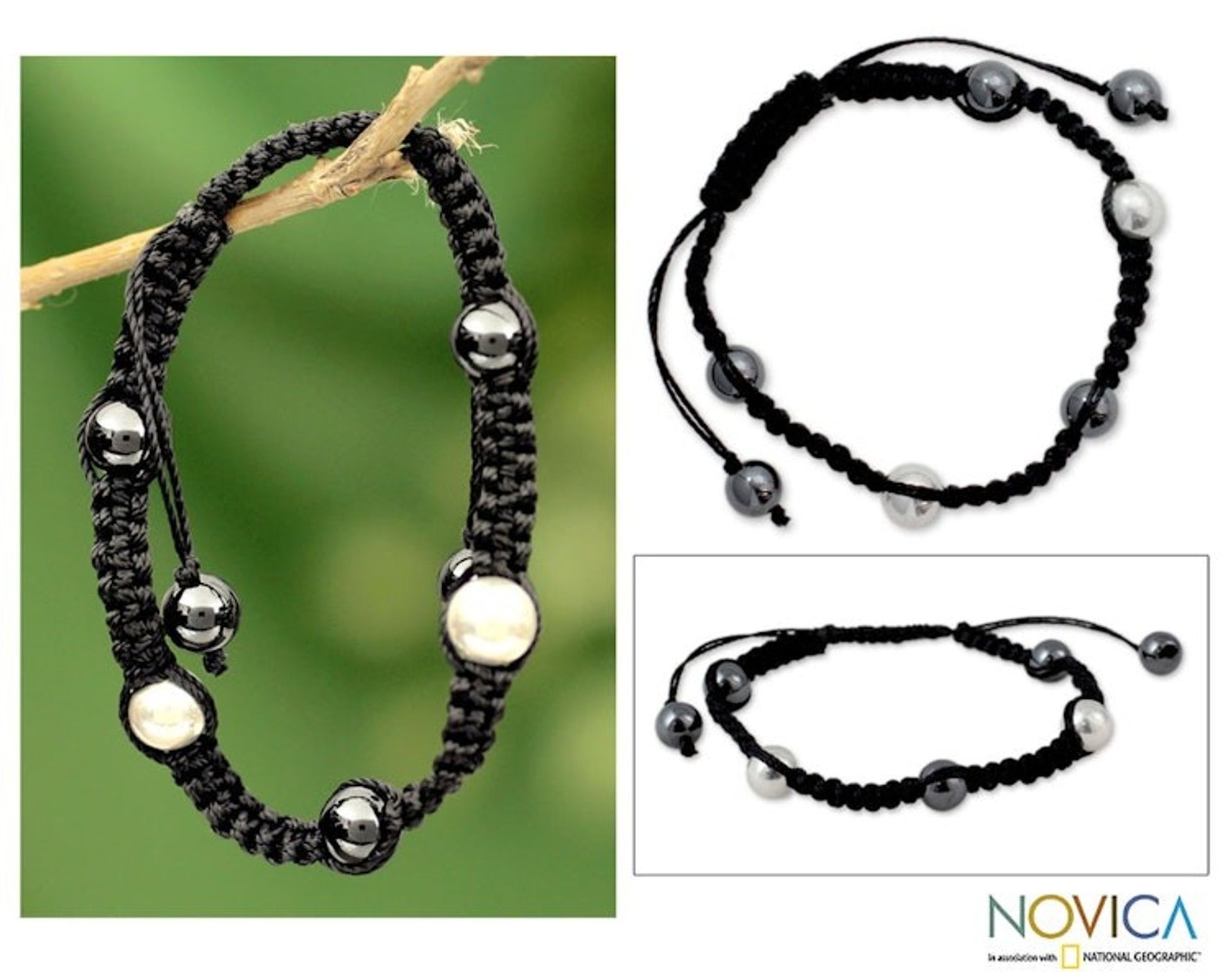 Shambhala-style Hematite Bracelet with Sterling Silver Beads 'Mumbai Night'