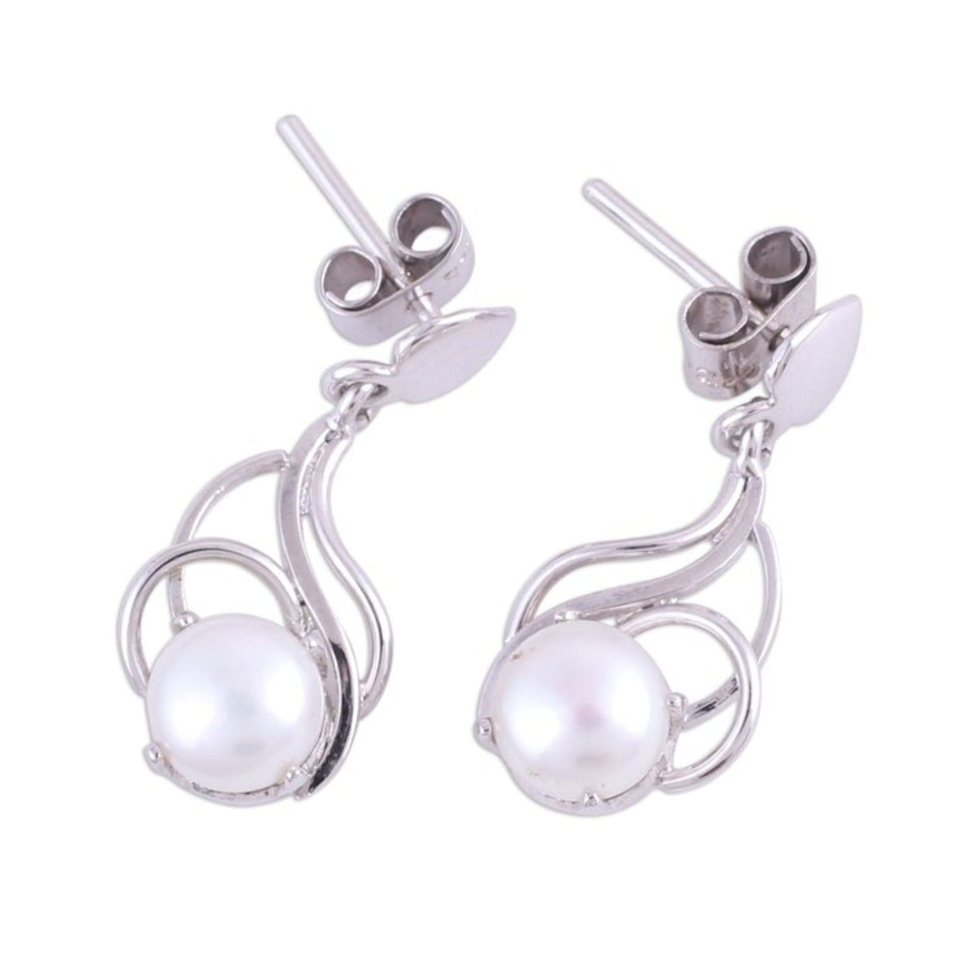 Rhodium Plated Cultured Pearl Dangle Earrings from India 'Graceful Purity'