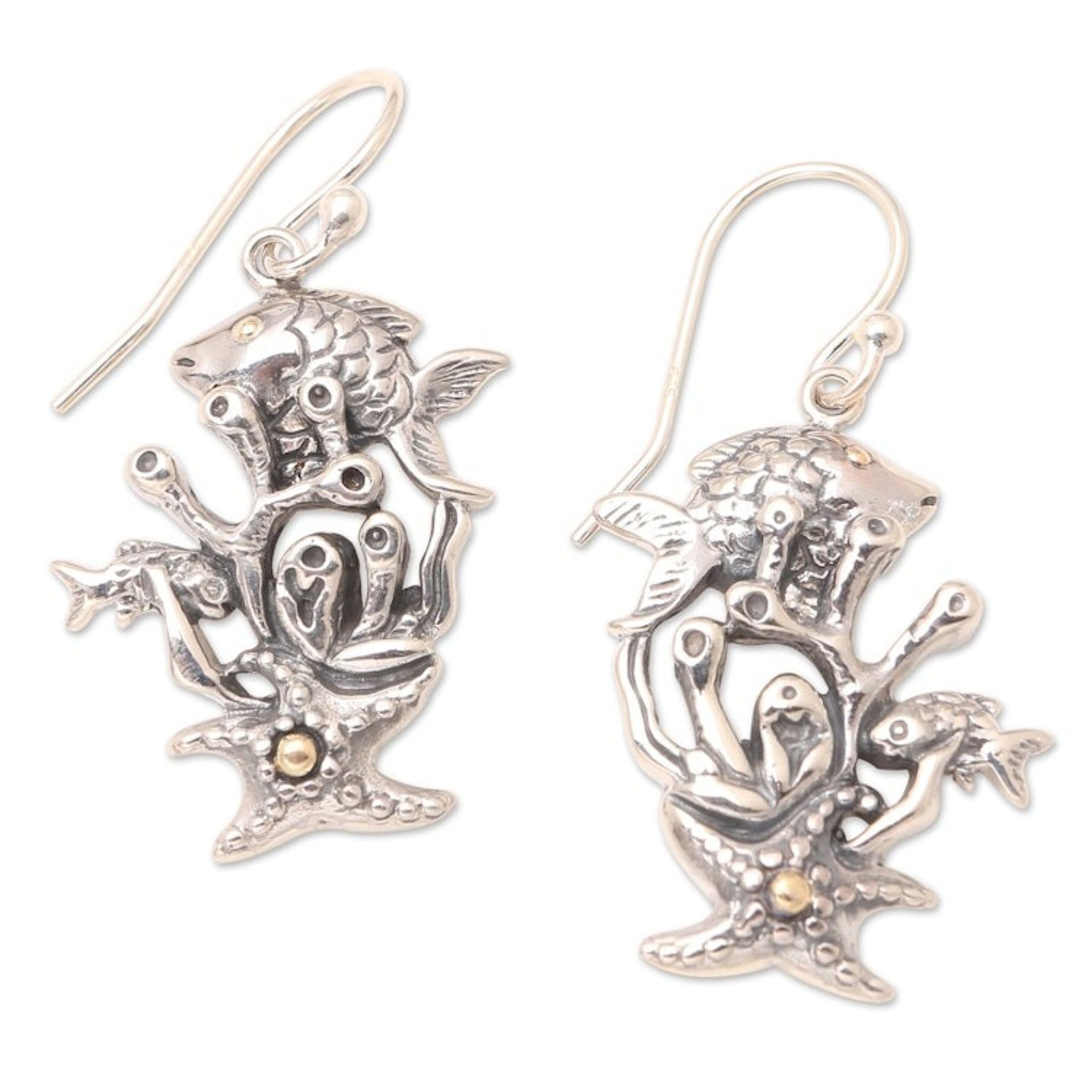 Gold-Accented Dangle Earrings with Sea Life Motif 'Marine Biology'