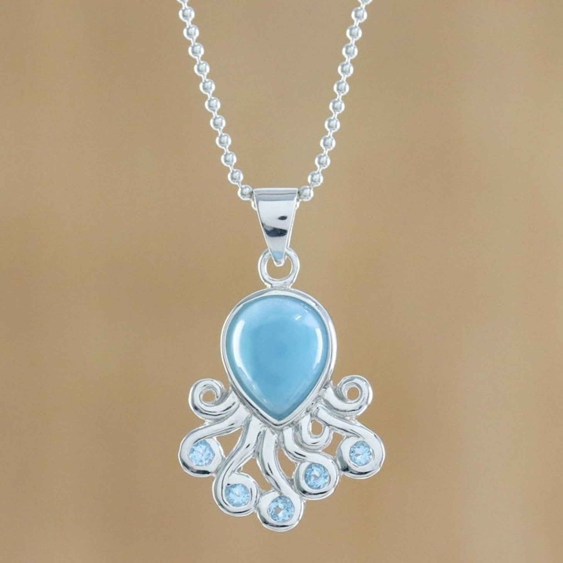 Larimar Blue Topaz Octopus Sterling Silver Pendant Necklace 'Sweet Octopus'