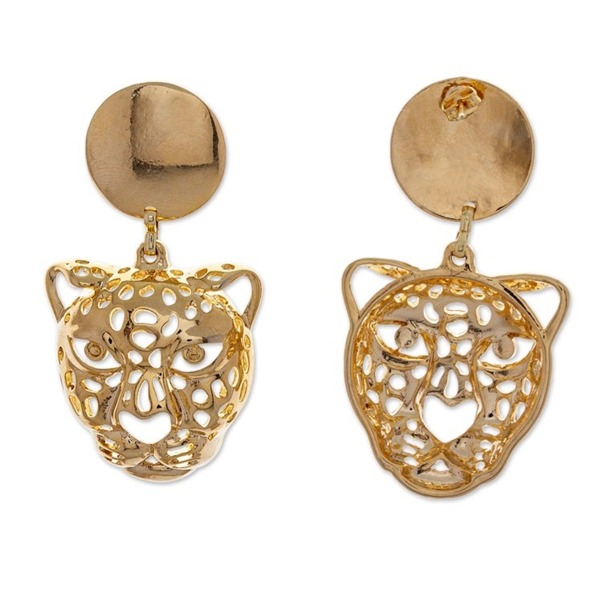 High-Polished Jaguar-Themed 24k Gold-Plated Dangle Earrings 'Divine Jaguar'