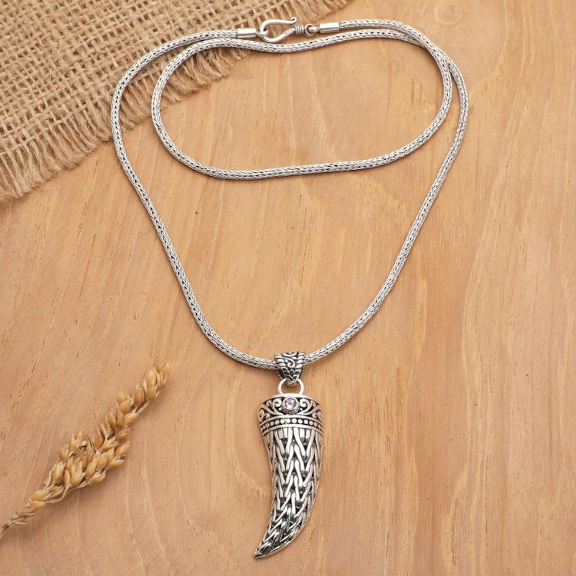 Mens 925 Silver Fang Pendant Necklace with Amethyst Stone 'Mighty Purple'