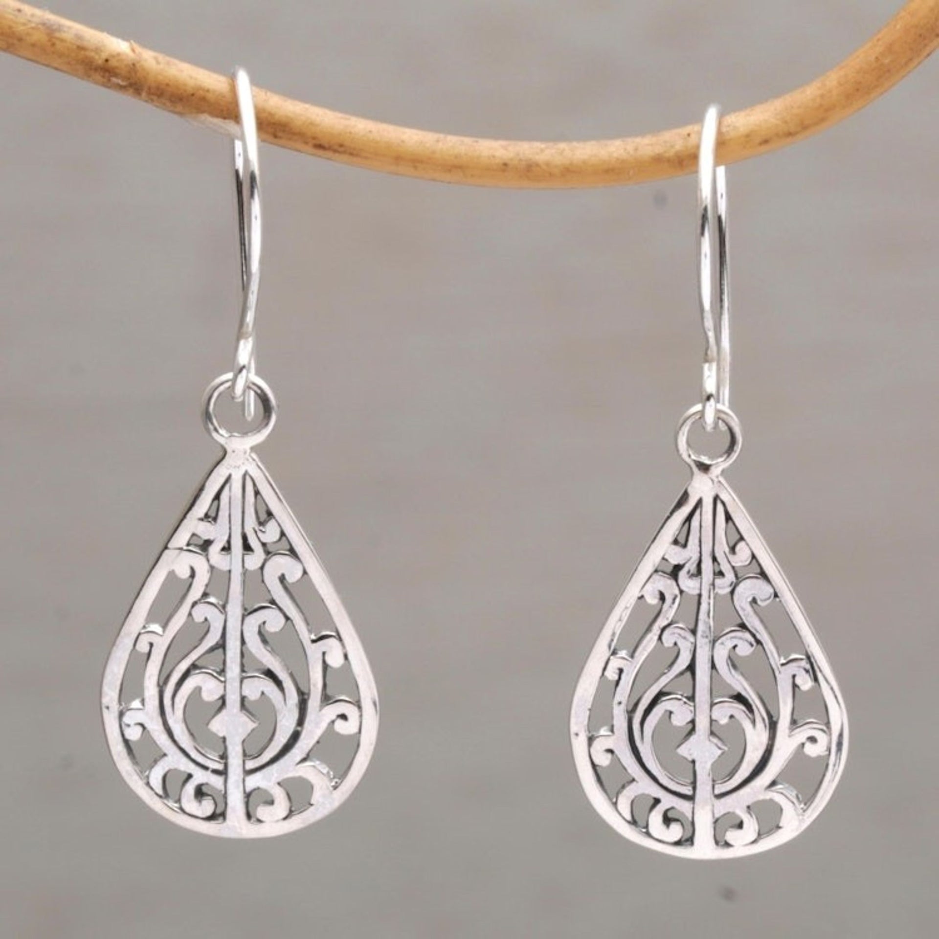 Sterling Silver Drop-Shaped Dangle Earrings from Bali 'Gunungan Vines'