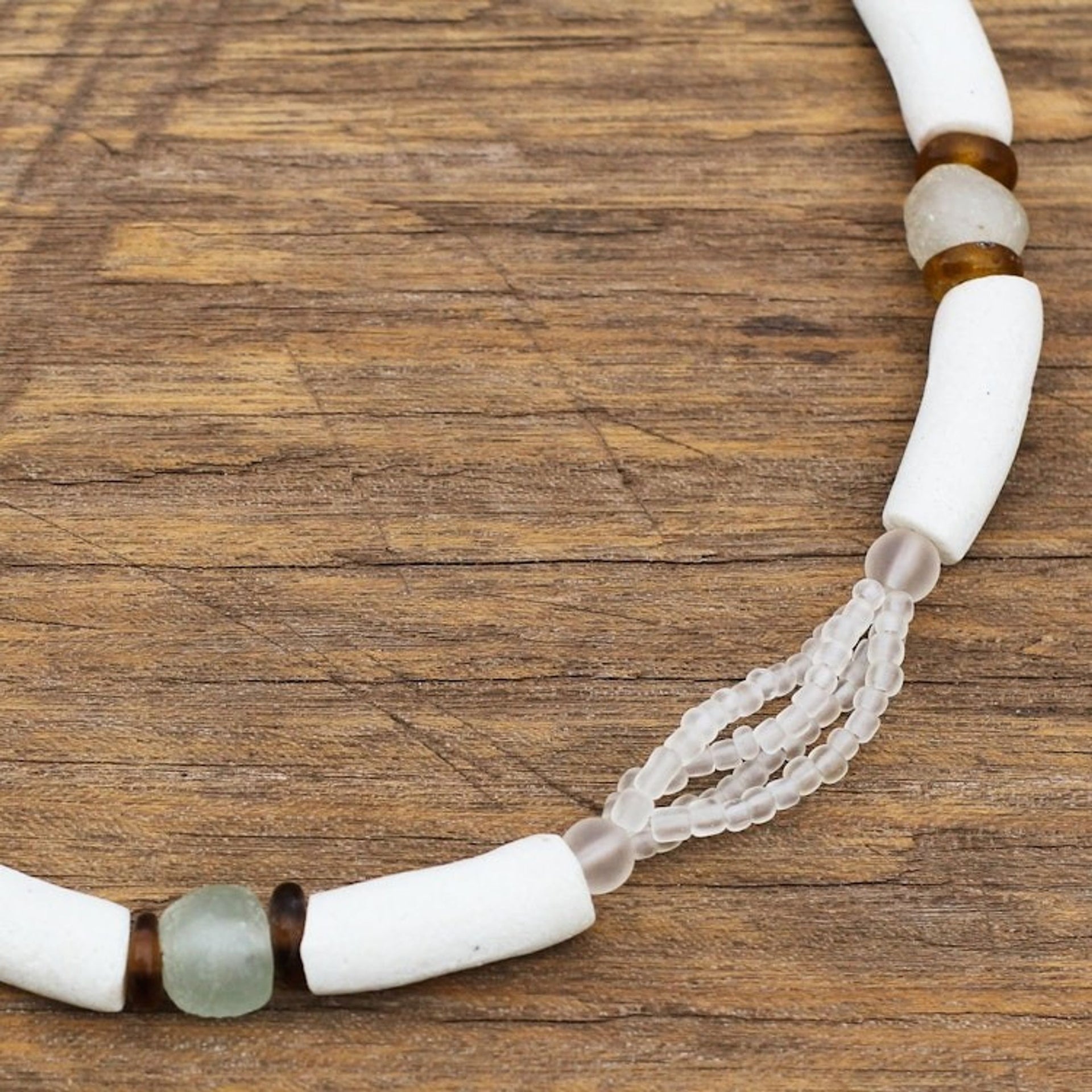 White Recycled Glass Beaded Necklace from Ghana Jewelry 'African Glamour'