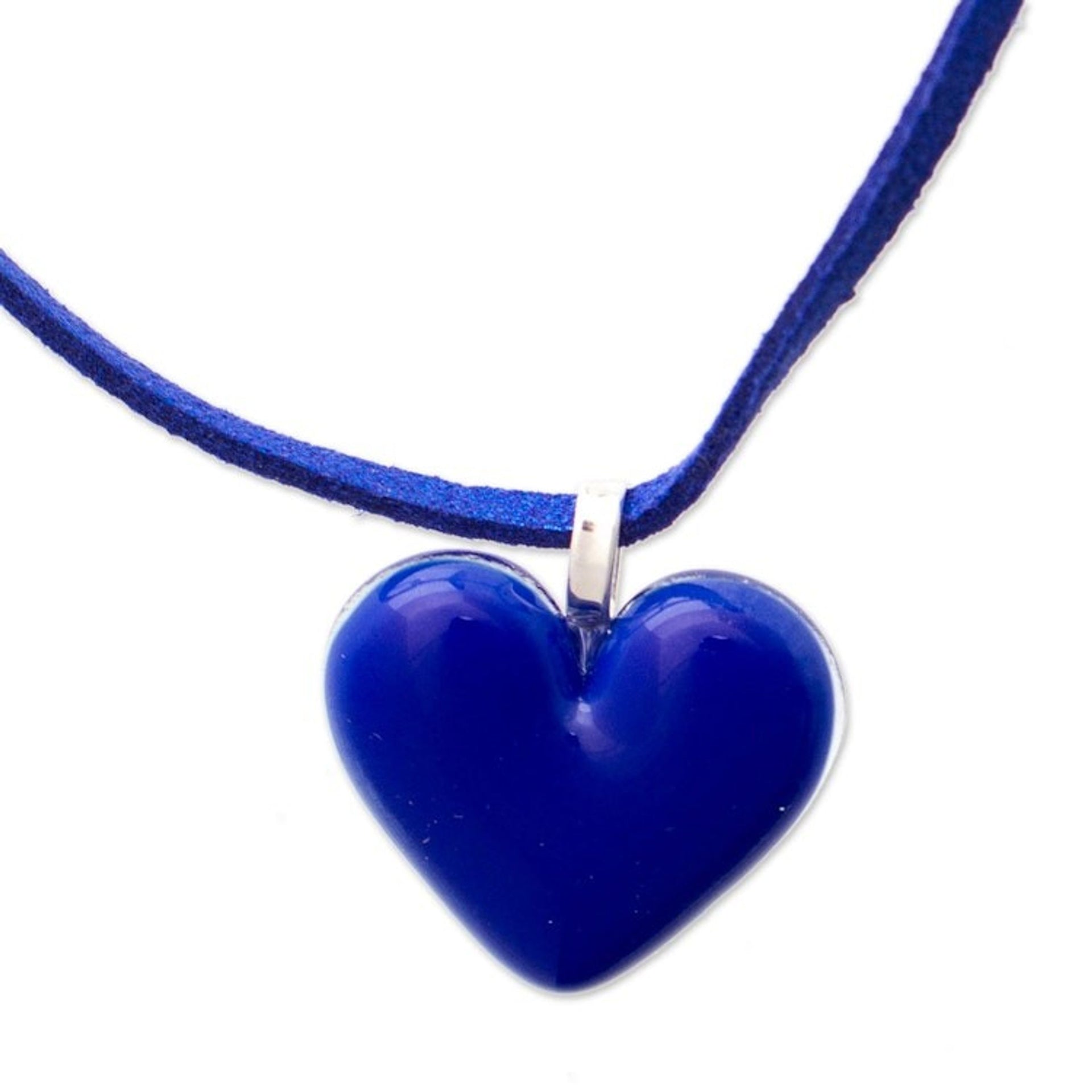 Art Glass Heart-Shaped Pendant Necklace in Lapis Blue 'My Lapis Love'