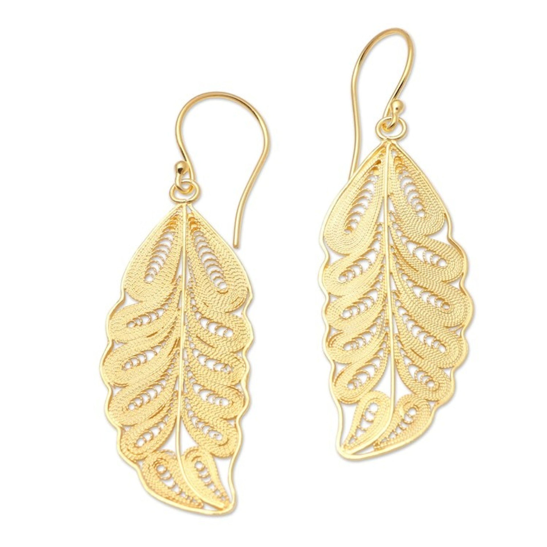 Gold-Plated Leaf Motif Dangle Earrings 'Forest Life'