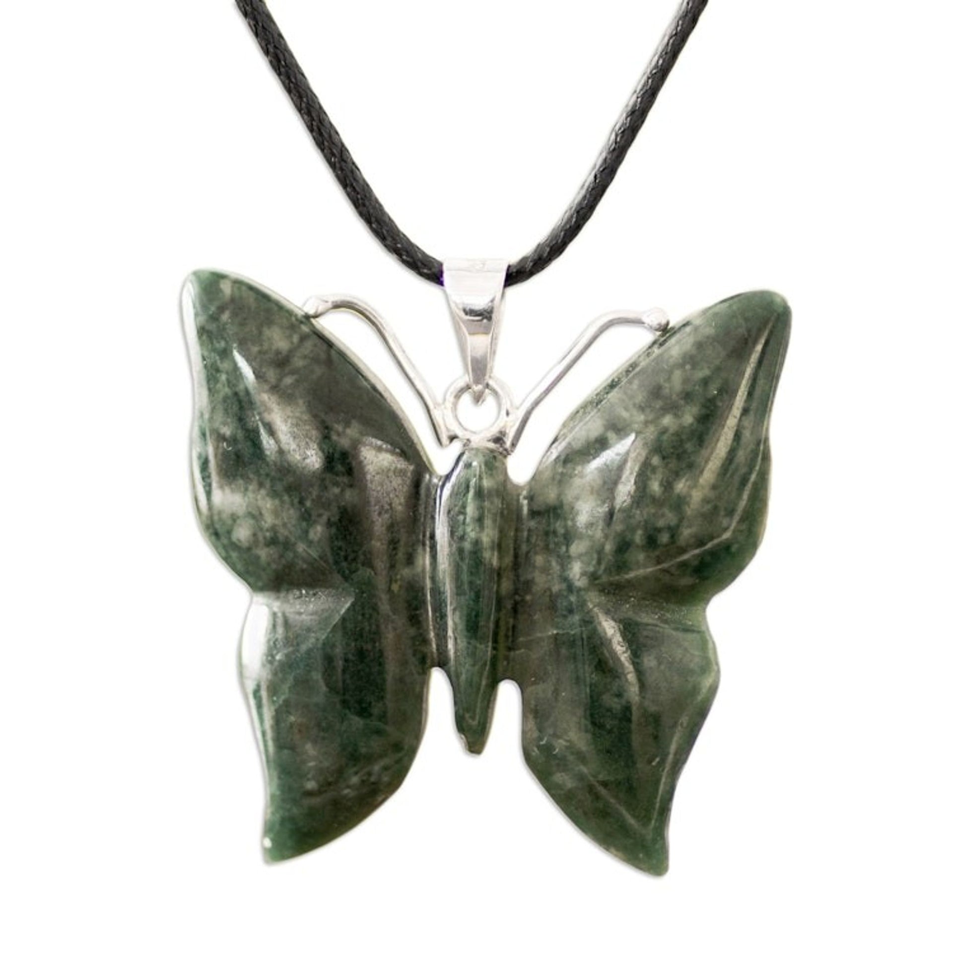 Light Green Jade Butterfly Pendant Necklace with Cotton Cord 'Butterfly Bliss'