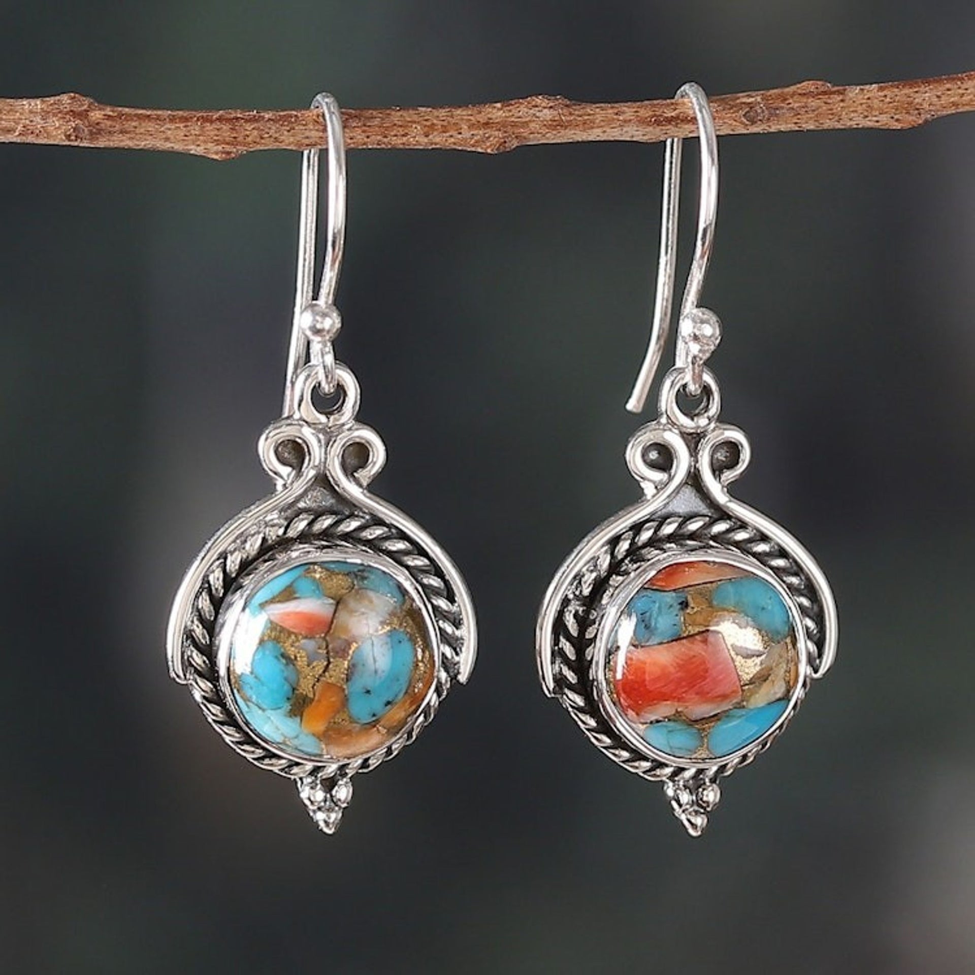 Fair Trade Reconstituted Turquoise Cabochon Dangle Earrings 'Paradise Rhapsody'