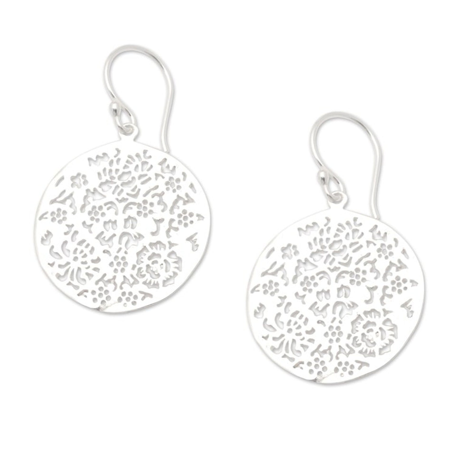 Floral and Leafy Round Sterling Silver Dangle Earrings 'Blooming Summer'