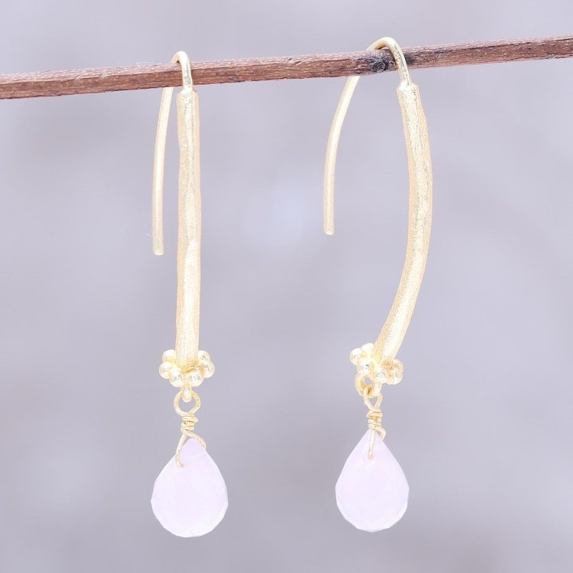 22k Gold Plated Rose Quartz Dangle Earrings from India 'Passionate Pink'