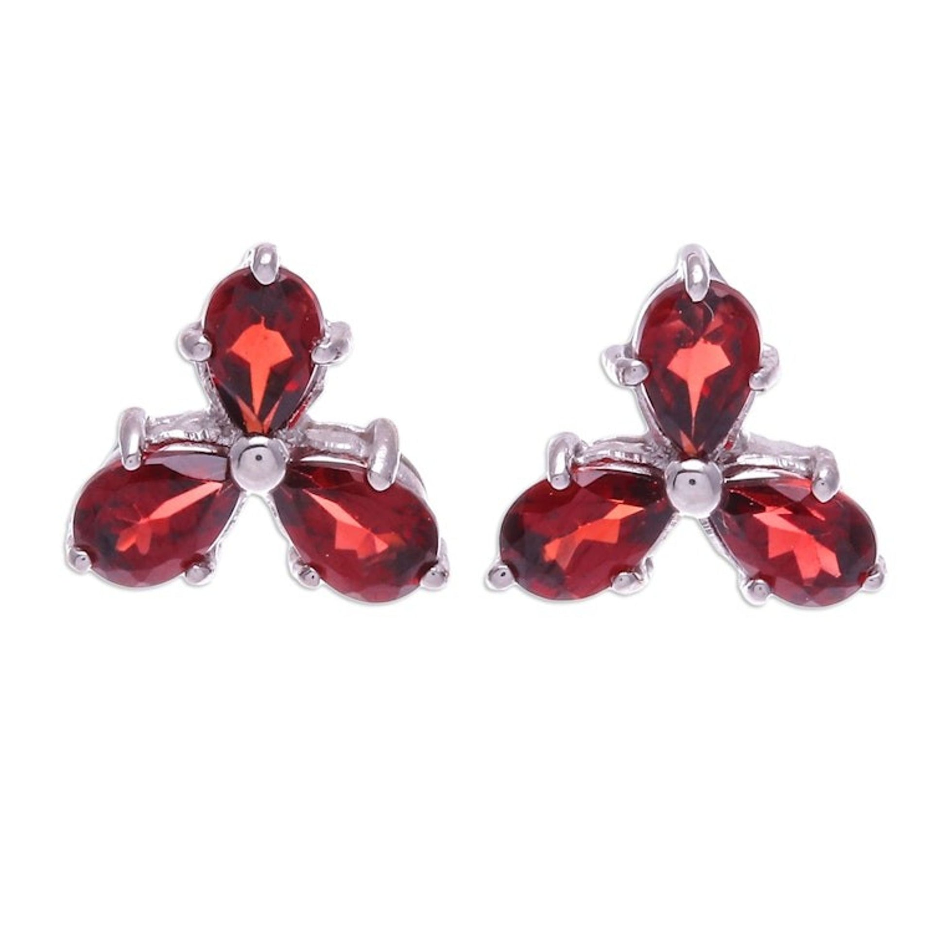 Clover-Themed Button Earrings with Three-Carat Garnet Gems 'Perseverance Clover'