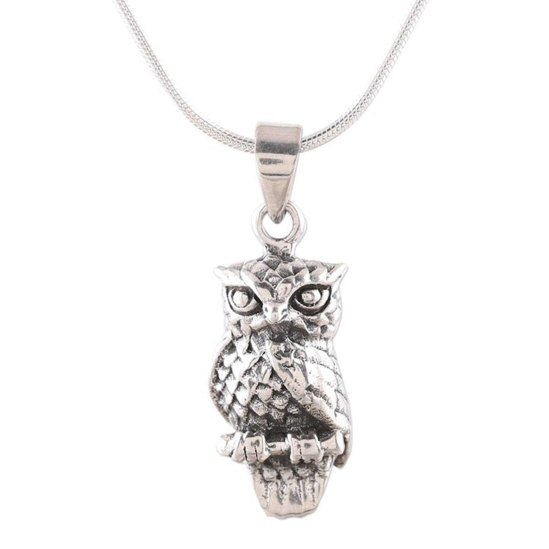 Sterling Silver Owl Pendant Necklace from India 'Magnificent Owl'