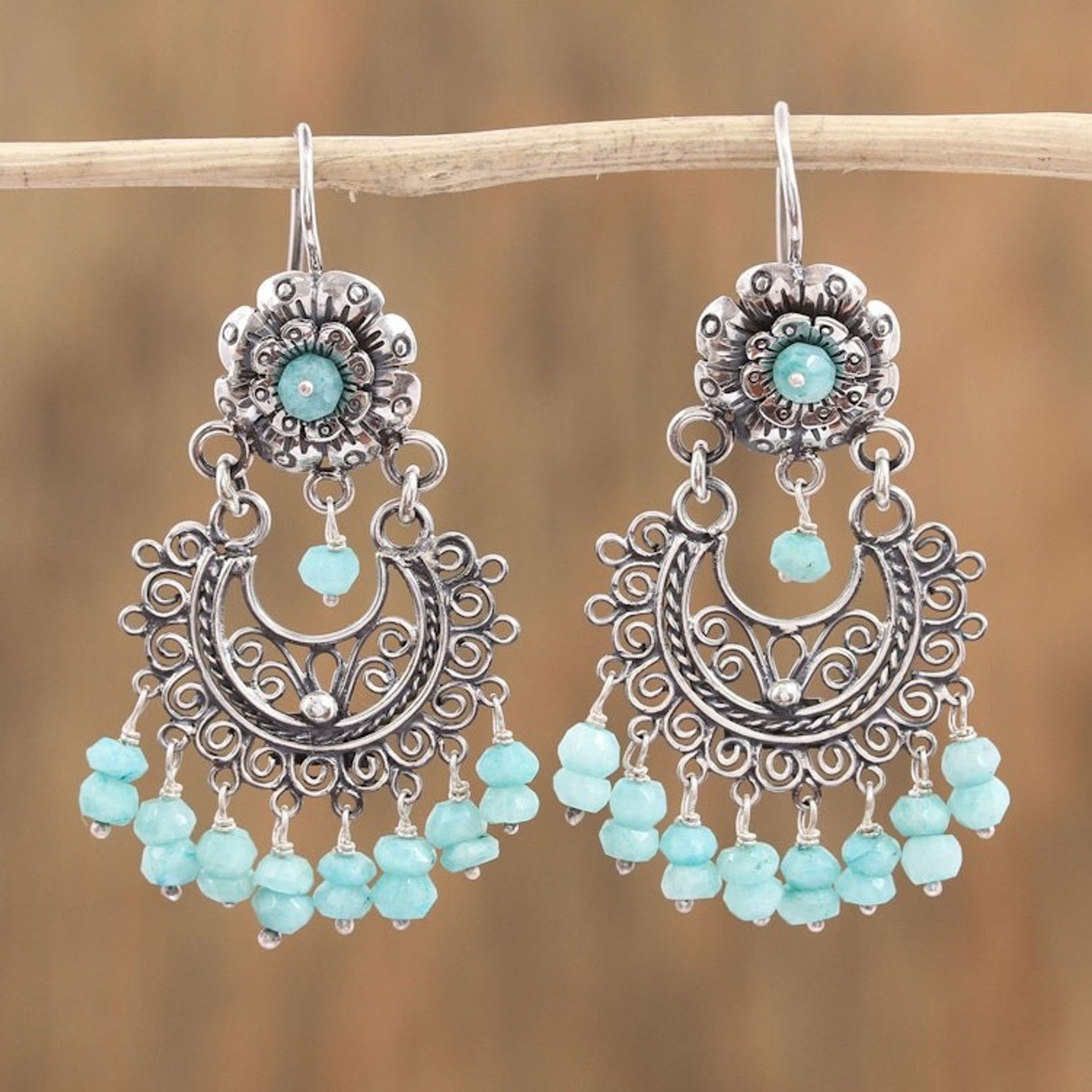 Floral Amazonite Chandelier Earrings from Mexico 'Blooming Elegance'