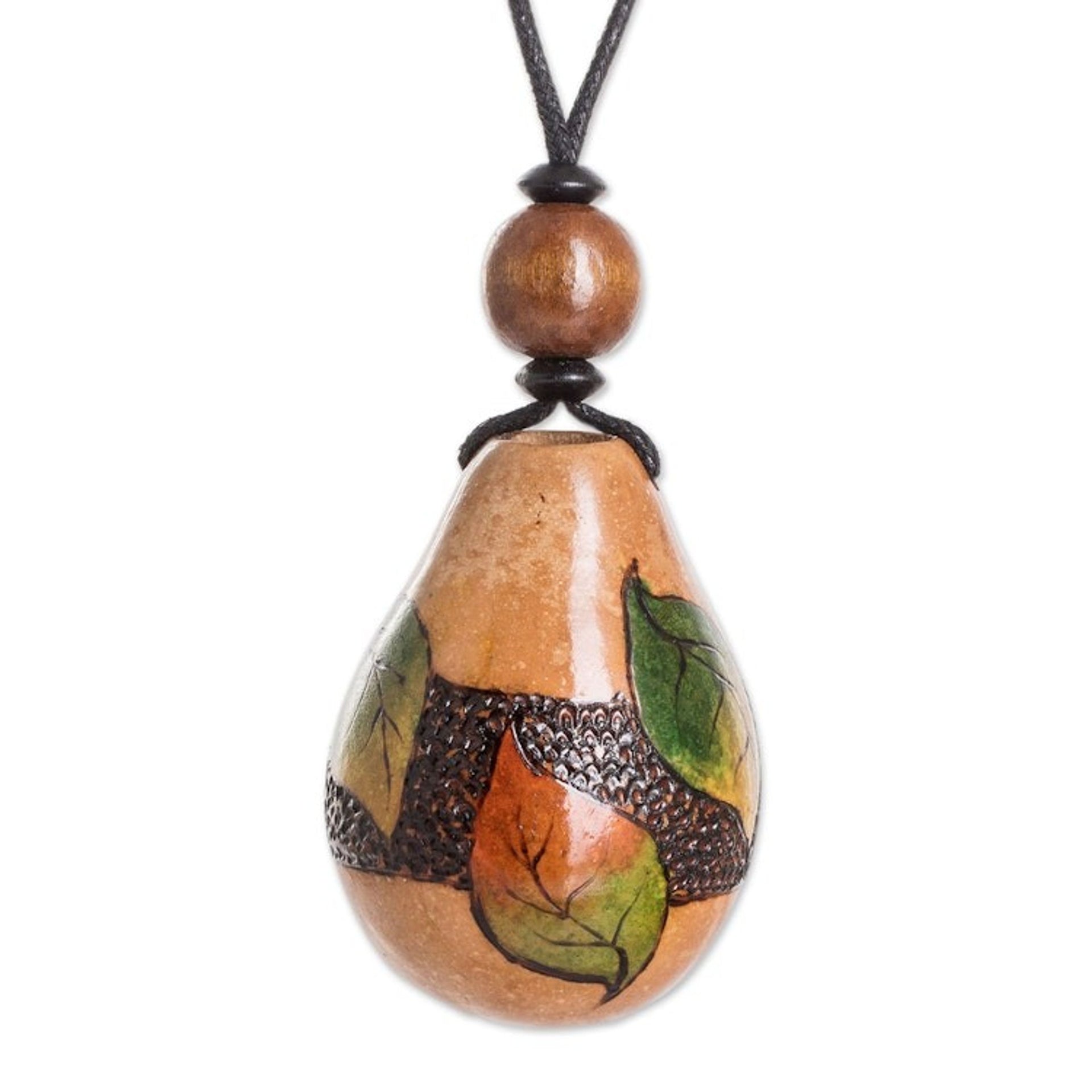Leaf-Themed Handcrafted Calabash Gourd Pendant Necklace 'Leafy Scenes'
