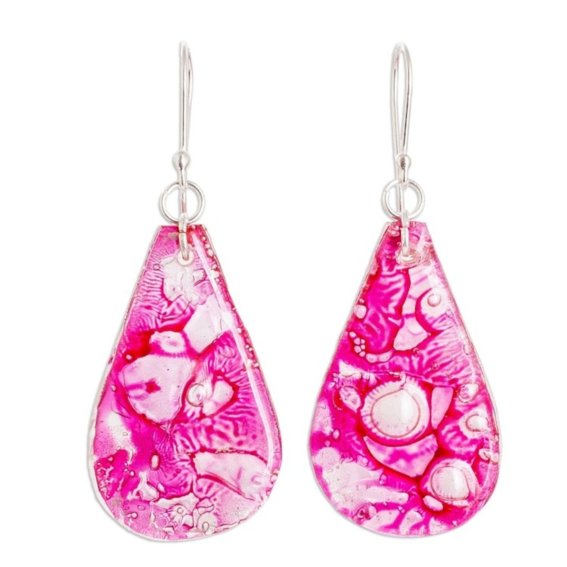 Eco-Friendly Drop-Shaped Fuchsia Recycled CD Dangle Earrings 'Grace Drops'