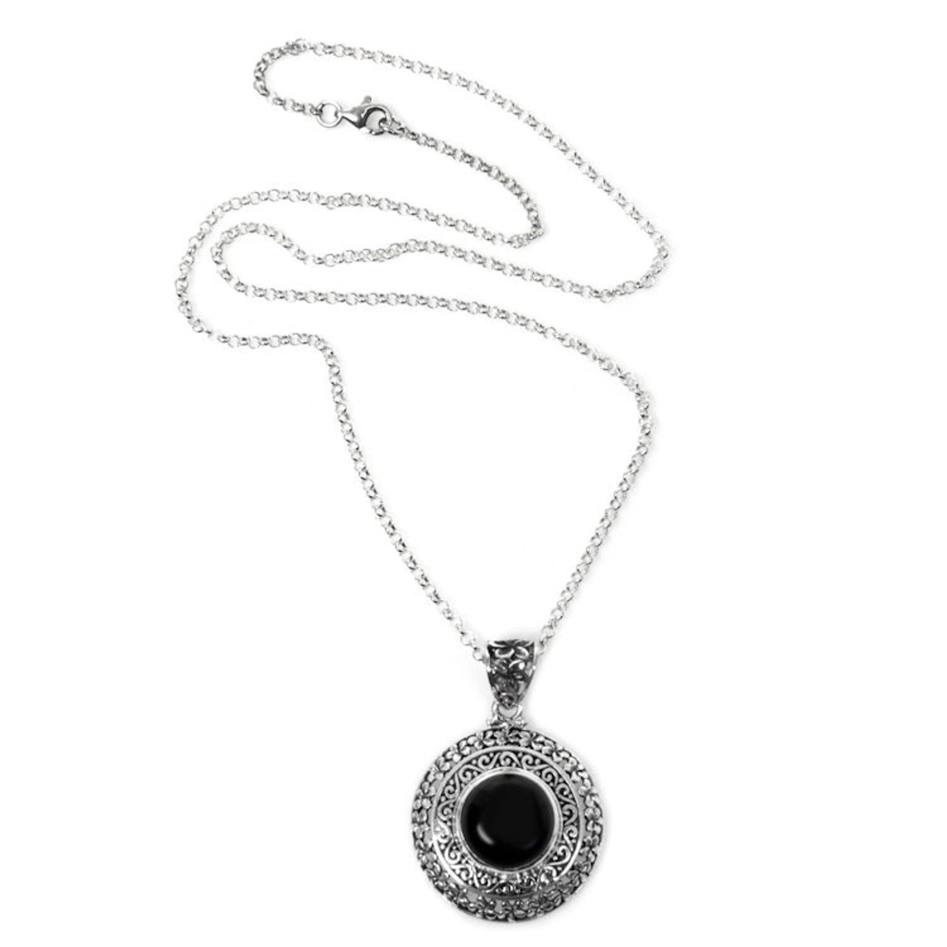 Floral Sterling Silver and Onyx Pendant Necklace  'Frangipani Secrets'