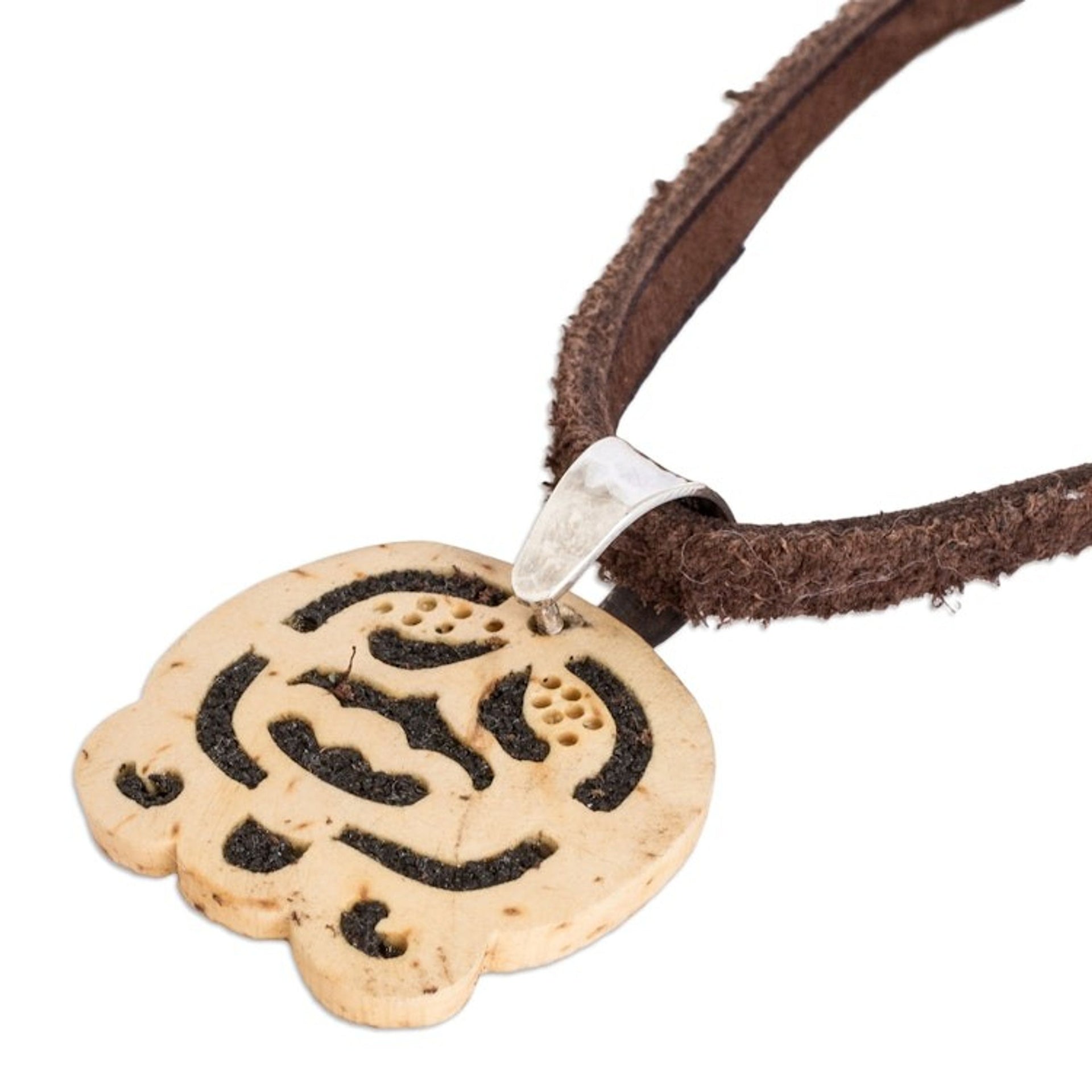 Coconut Shell and Lava Stone Ak'ab'al Sign Pendant Necklace 'Harmony and Peace'