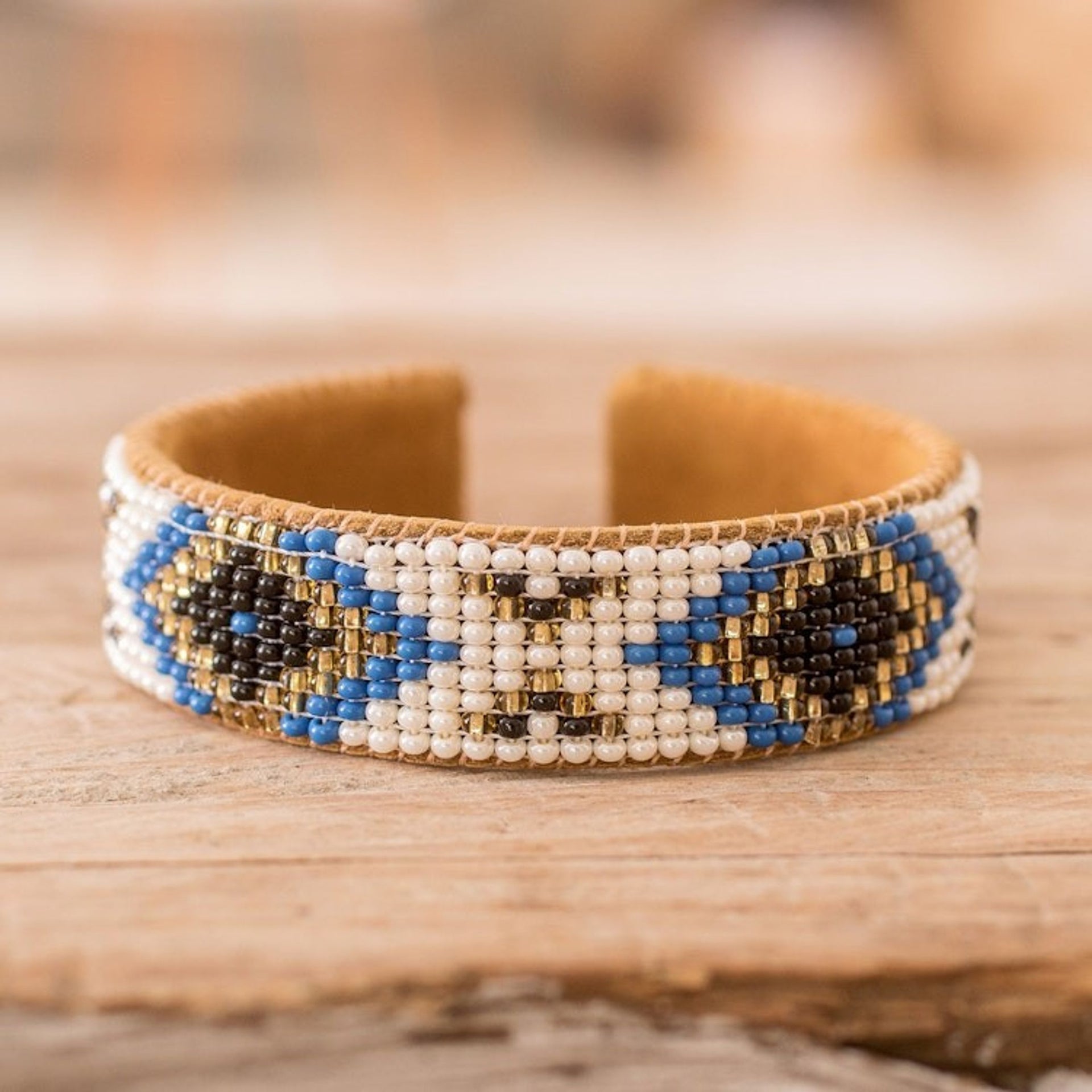 Ivory and Blue Glass Beaded Cuff Bracelet with Leather 'Deity Diamonds'