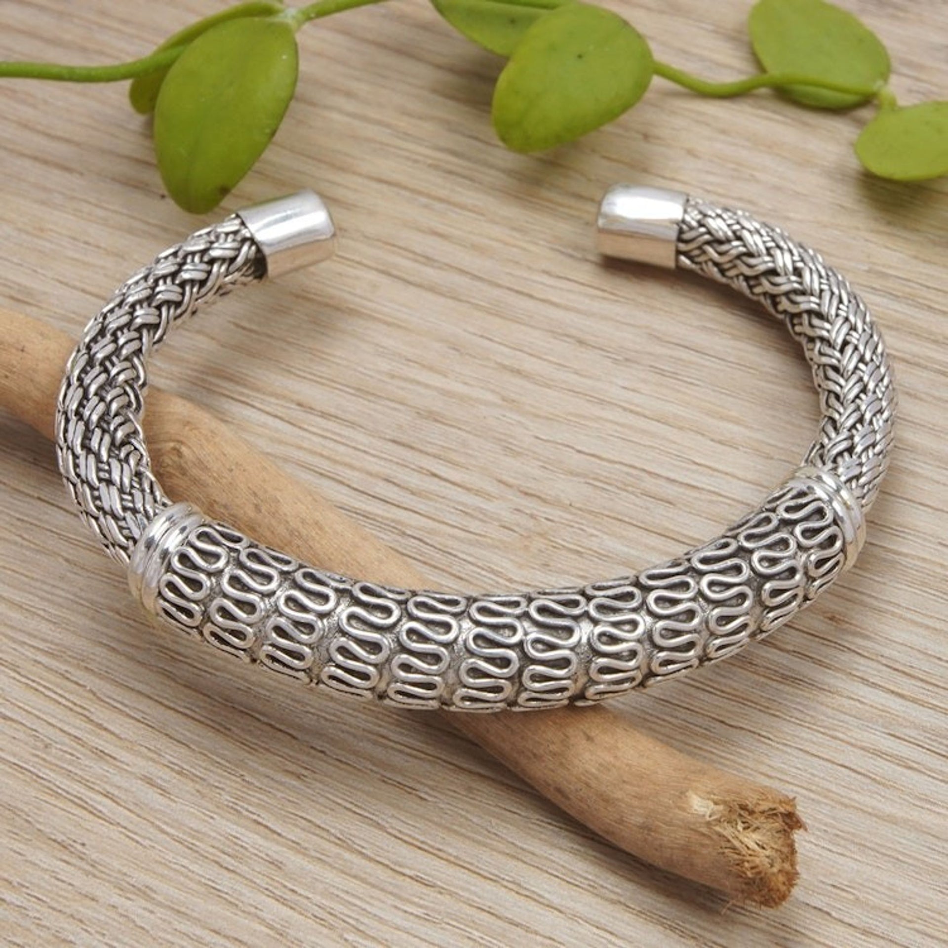 Polished Sterling Silver Cuff Bracelet from Bali 'Traditional Braid'