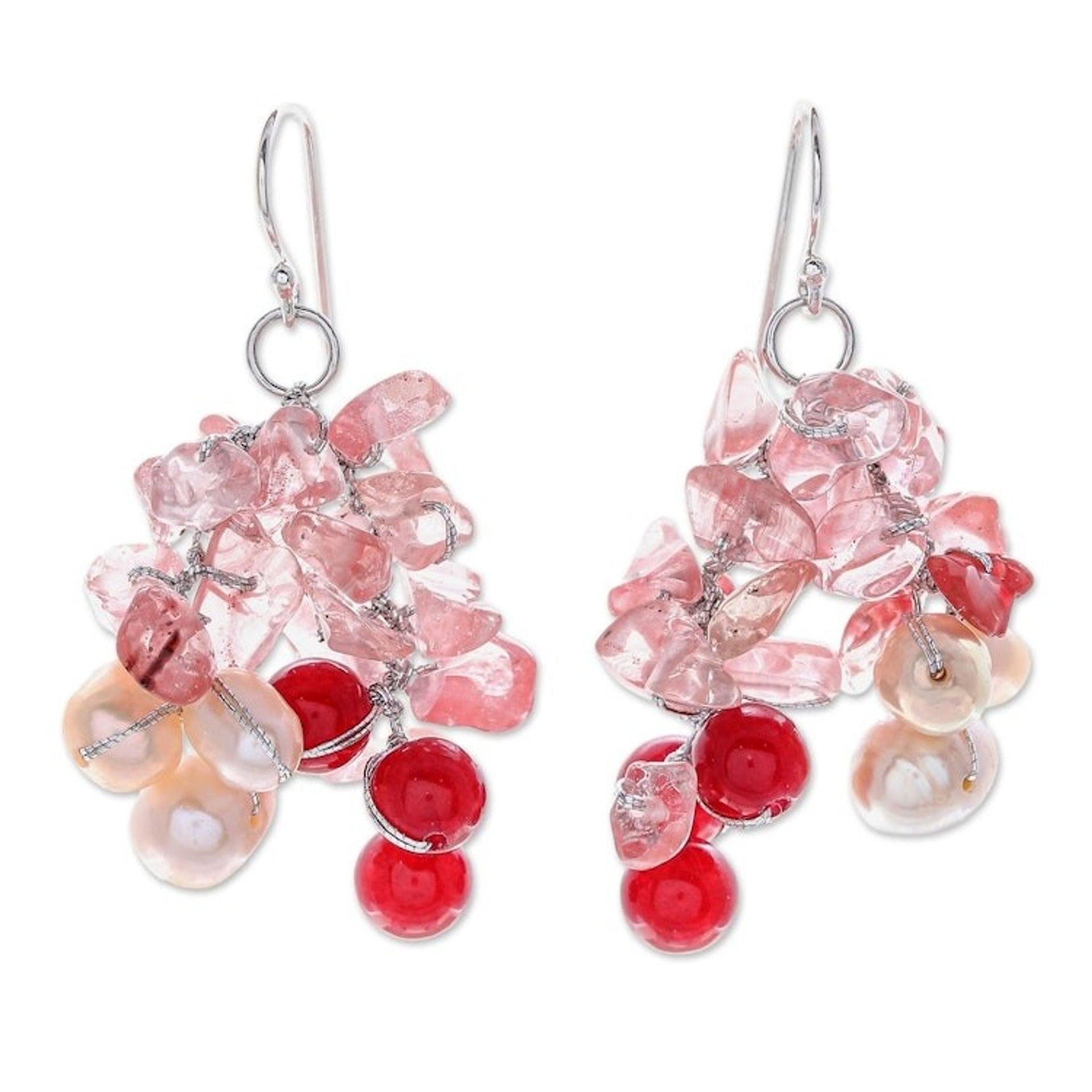 Thai Cultured Pearl and Quartz Dangle Earrings 'Pink Palace'