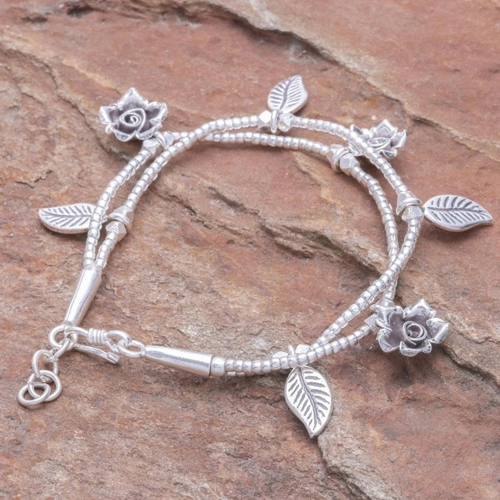 Karen Silver Double Strand Beaded Floral Charm Bracelet 'Thai Garden'