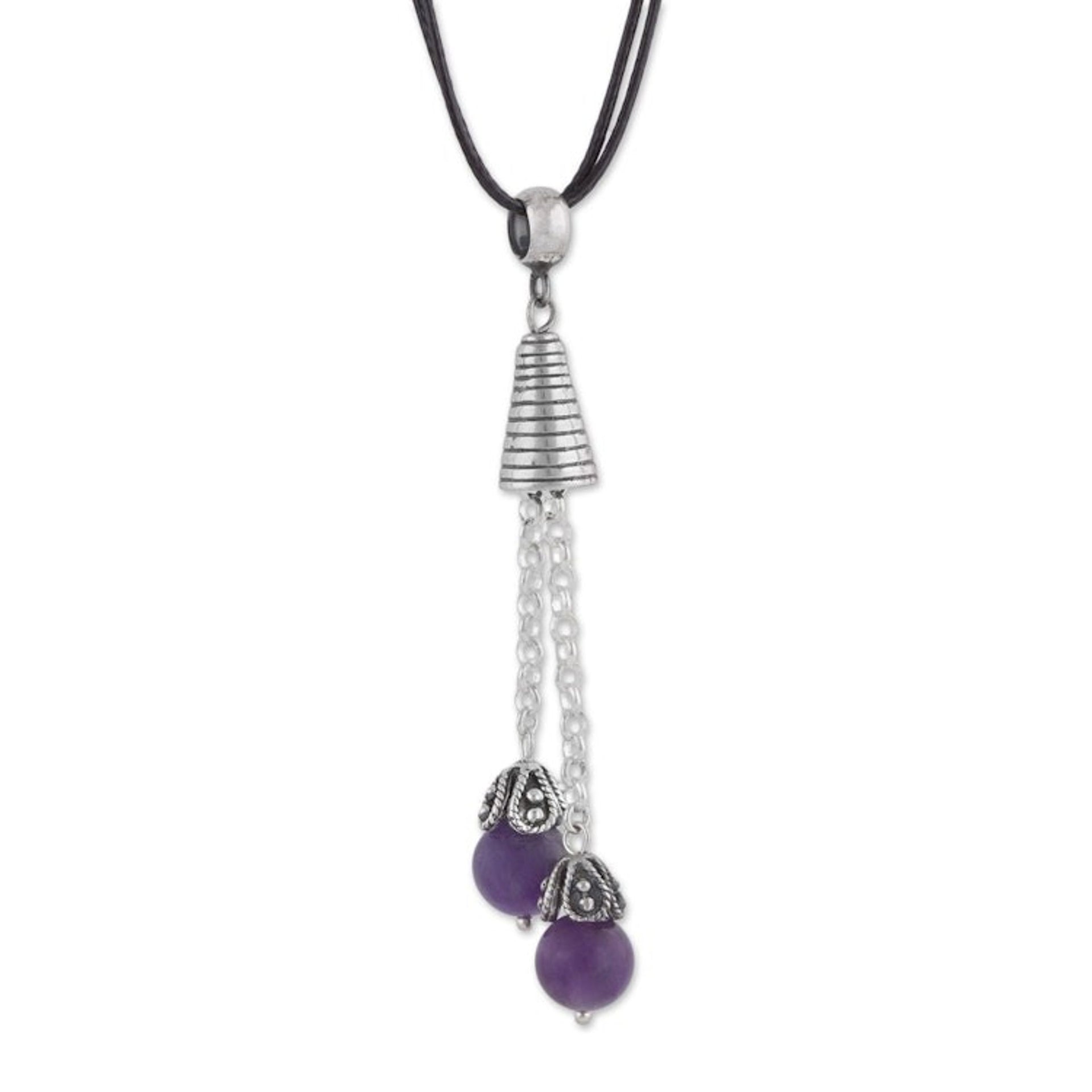 Natural Amethyst Pendant Necklace on Cotton Cord from Peru 'Floral Pendulums'