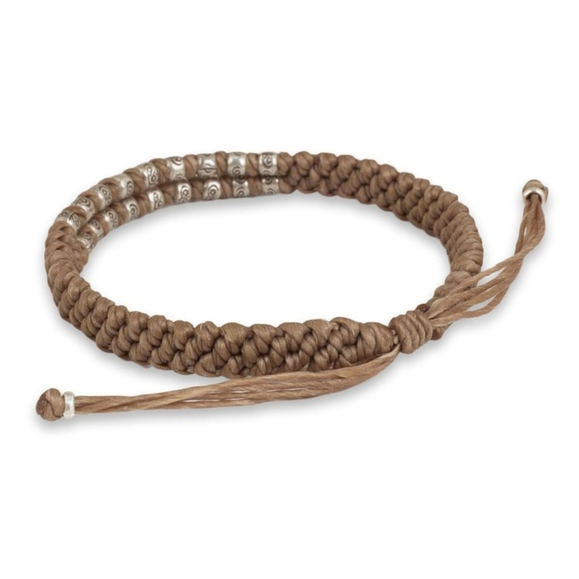 Hill Tribe Silver on a Thai Hand Knotted Wristband Bracelet 'Khaki Infinity Twins'