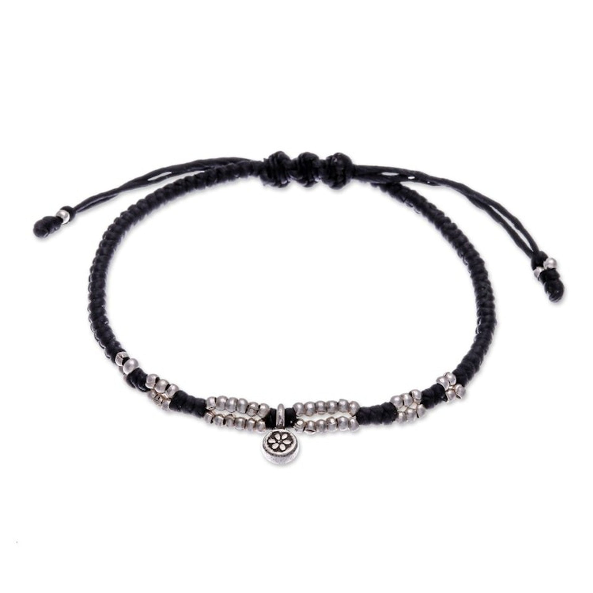 Thai Silver Pendant Beaded Macrame Bracelet in Black 'Petite Flower in Black'
