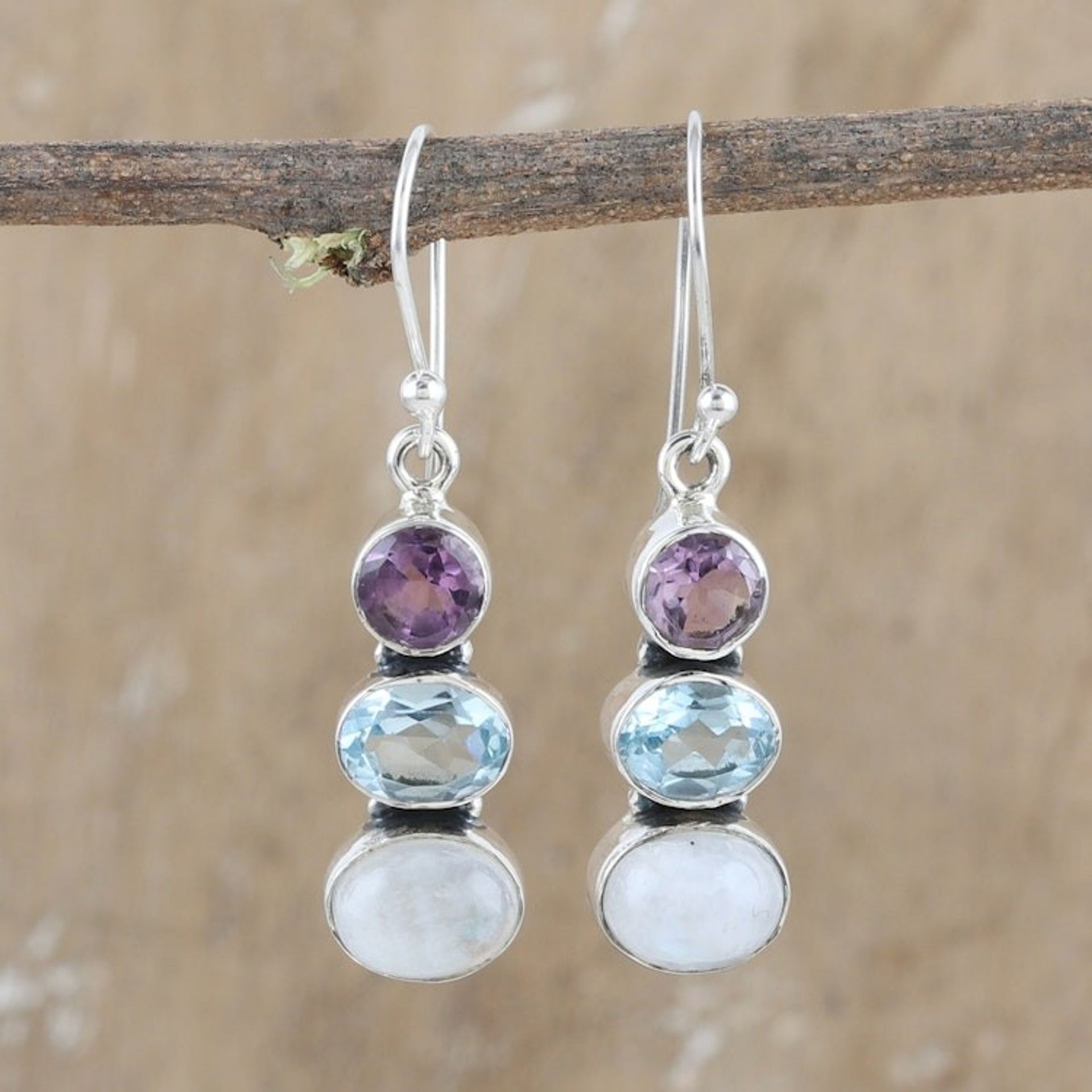 Multi-Gemstone and Sterling Silver Dangle Earrings 'Terrific Trio'