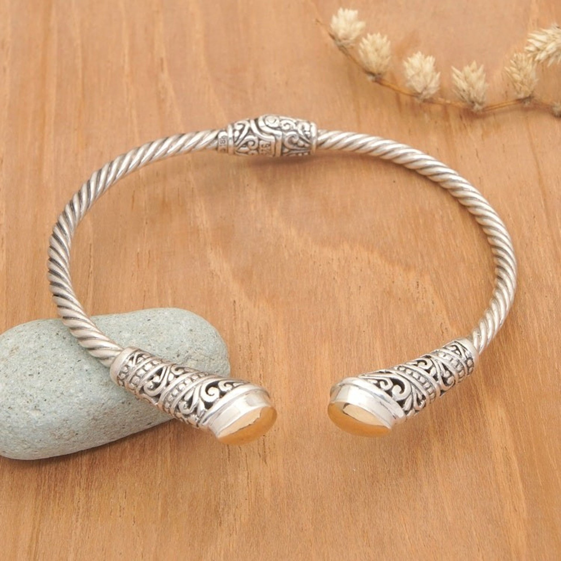 Polished Sterling Silver Cuff Bracelet with Gold Accents 'Gianyar's Soul'