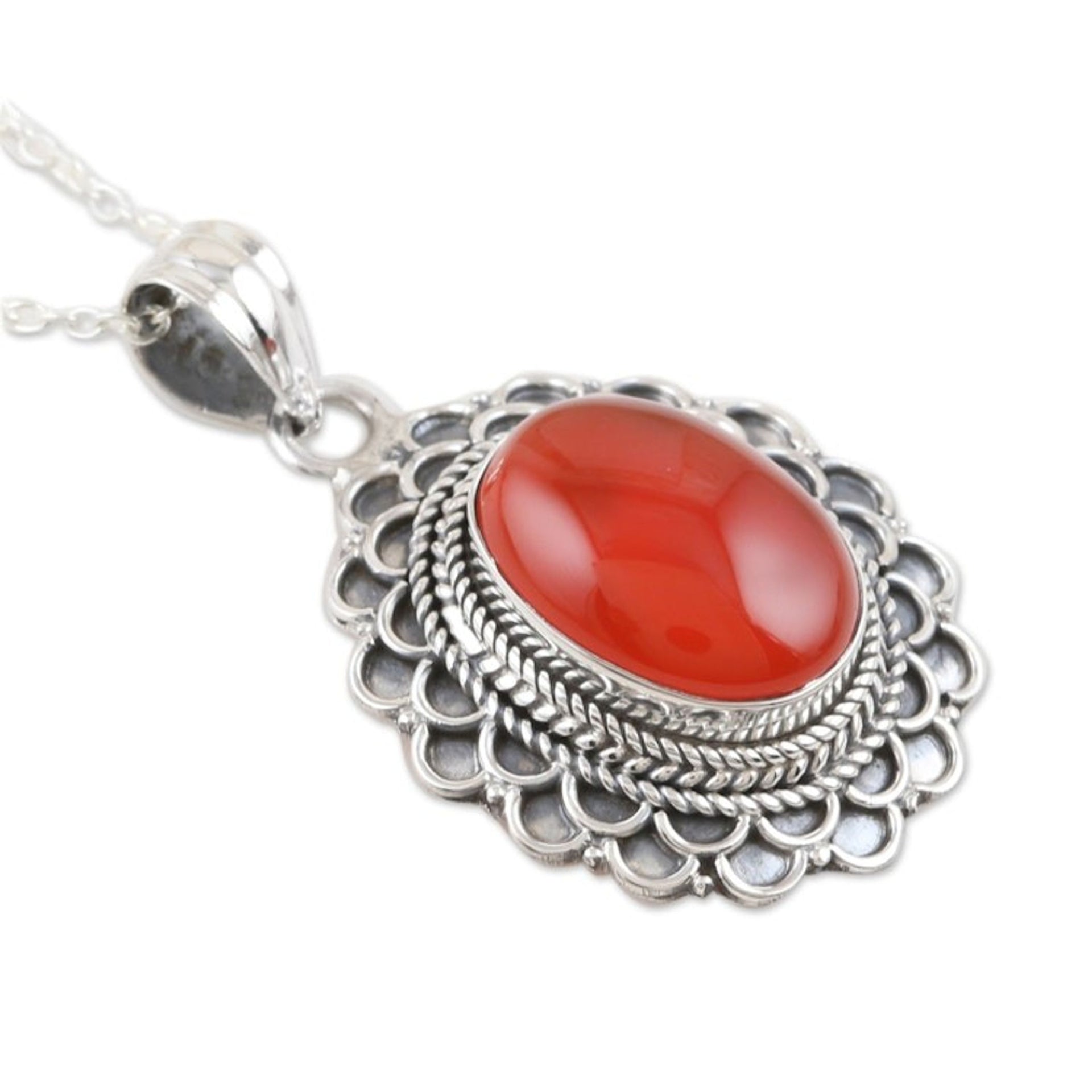 Sterling Silver and Red Onyx Pendant Necklace from India 'Crimson Spell'
