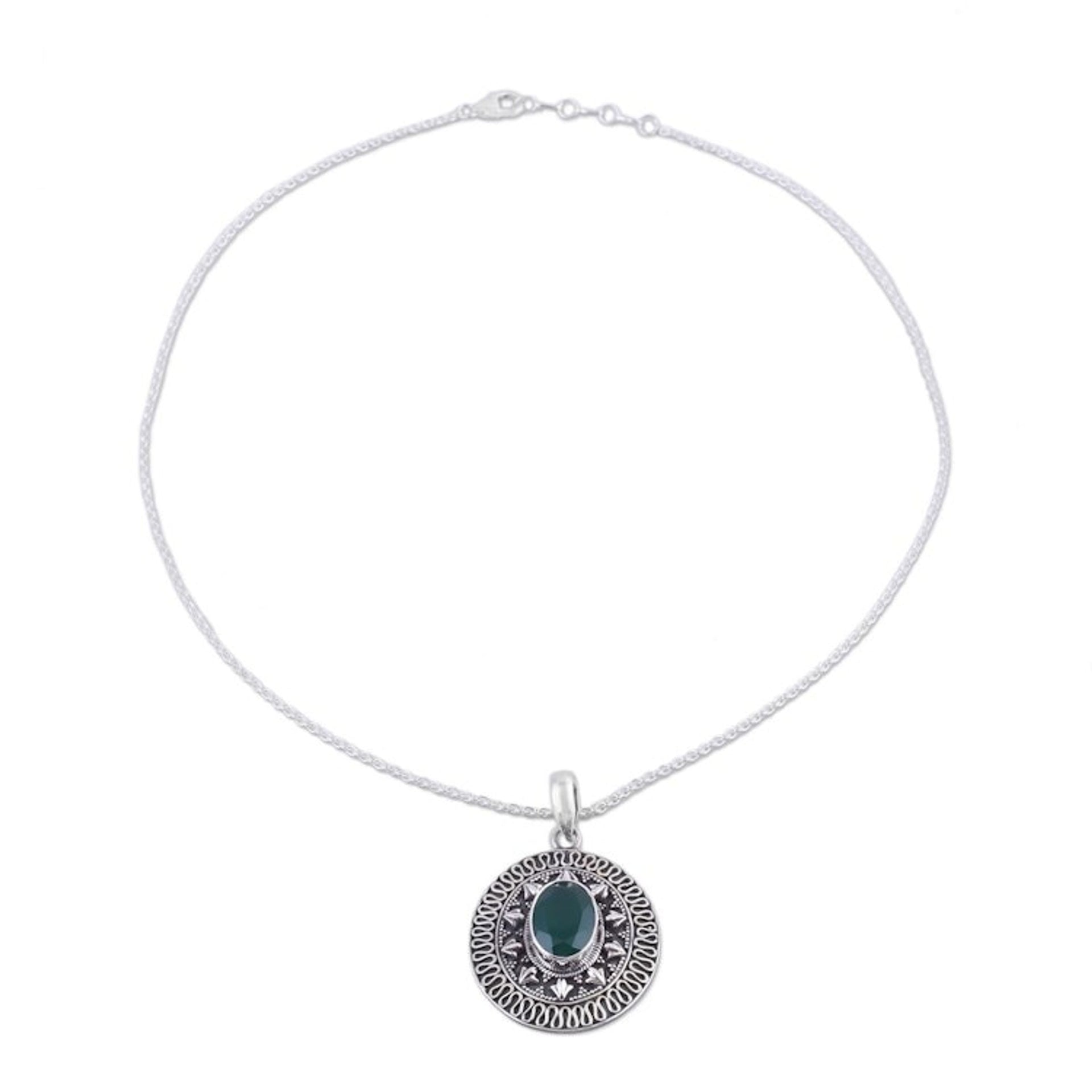 Green Onyx and Sterling Silver Pendant Necklace from India 'Jaipur Mystic'