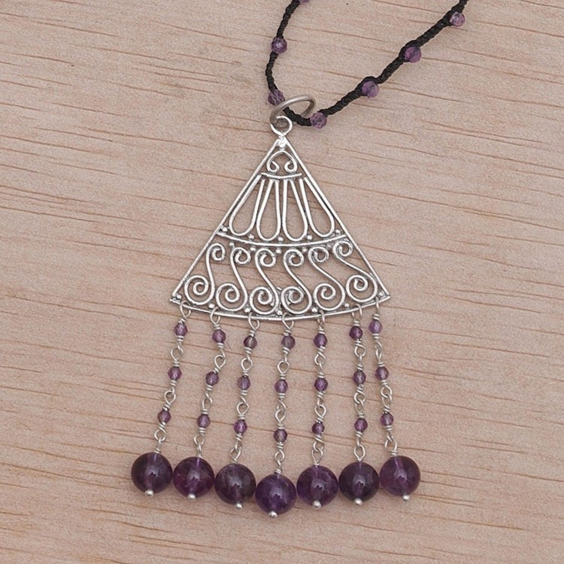 Amethyst and Black Cord Pendant Necklace Handmade in Bali 'Rise and Fall in Black'