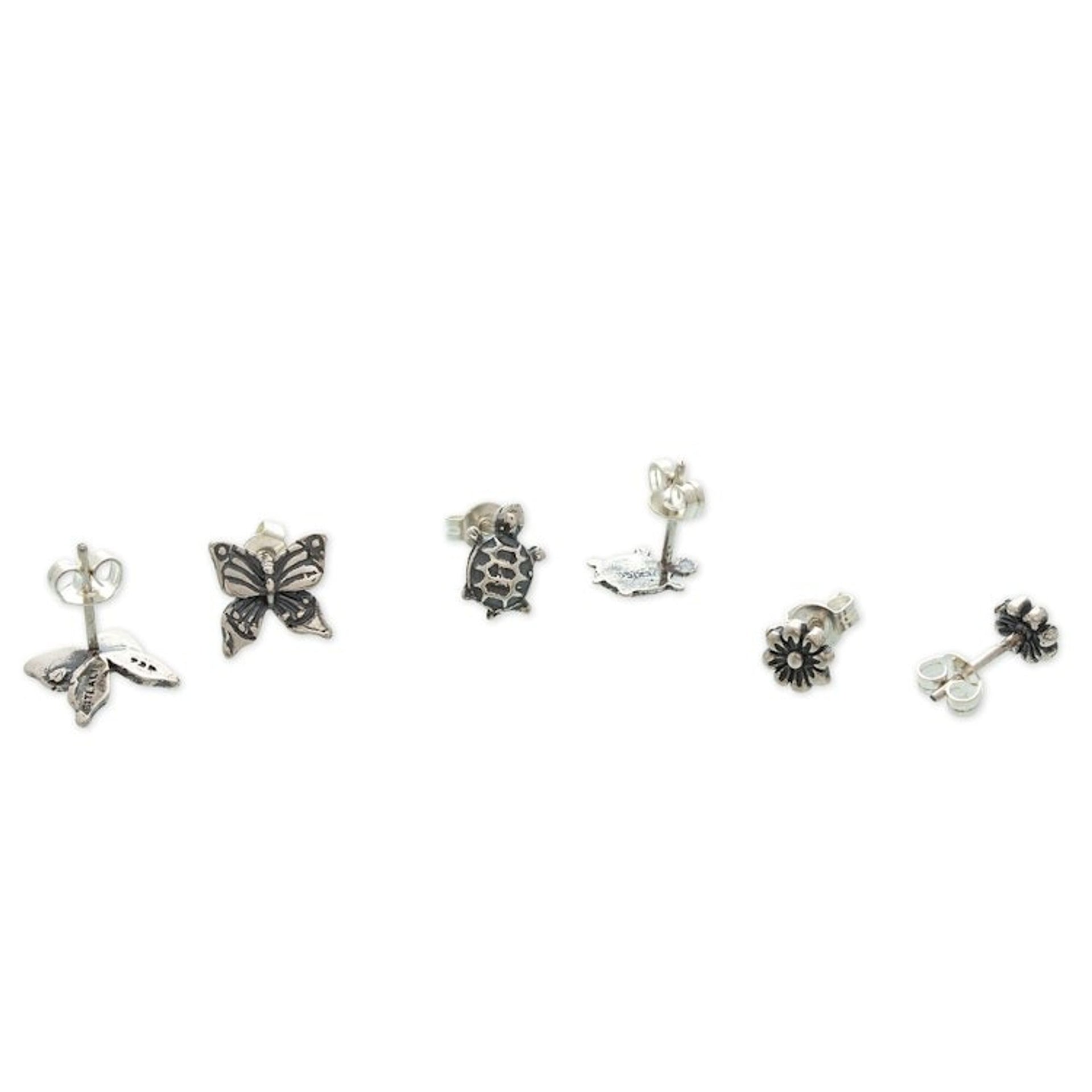 3-Piece Nature-Themed Sterling Silver Stud Earrings Set 'Bucklers of Nature'