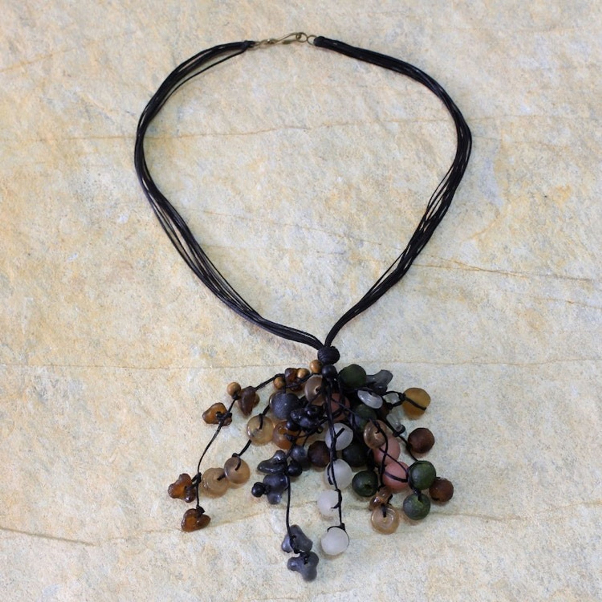 Wood and recycled glass pendant necklace 'Earth Medley'