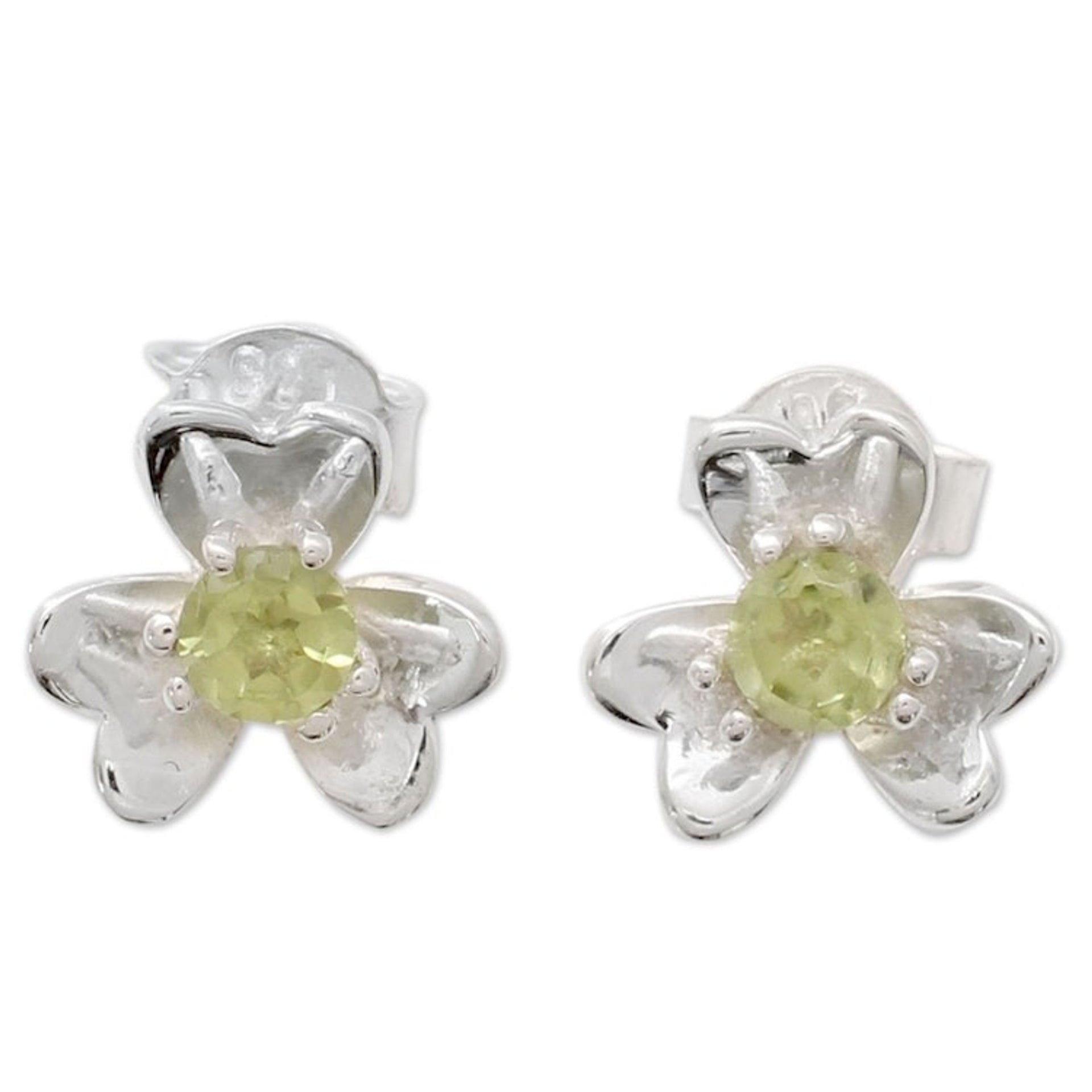 Floral Peridot and Silver Button Earrings from India 'Cradle Lily'